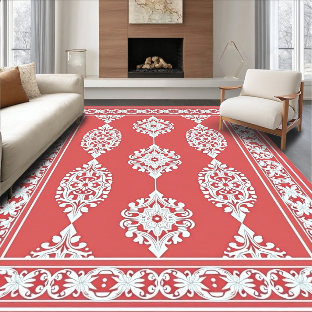 Coral Red White Scroll Medallion Border Rug