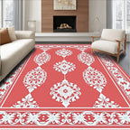 Coral Red White Scroll Medallion Border Rug