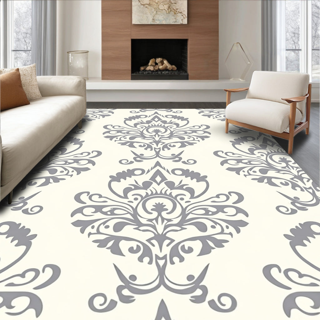 Elegant Ivory Gray Damask Scroll Rug