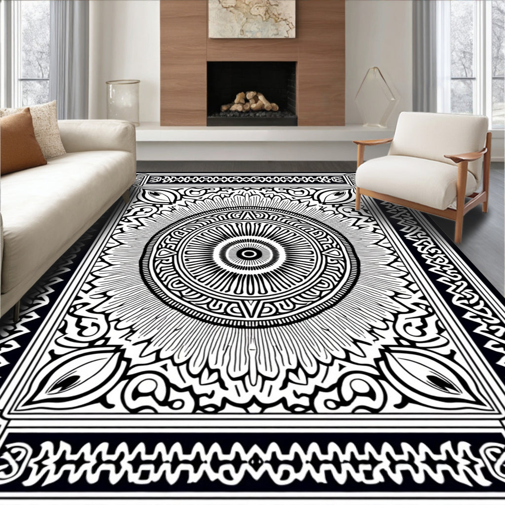 Intricate Black White Mandala Radial Rug