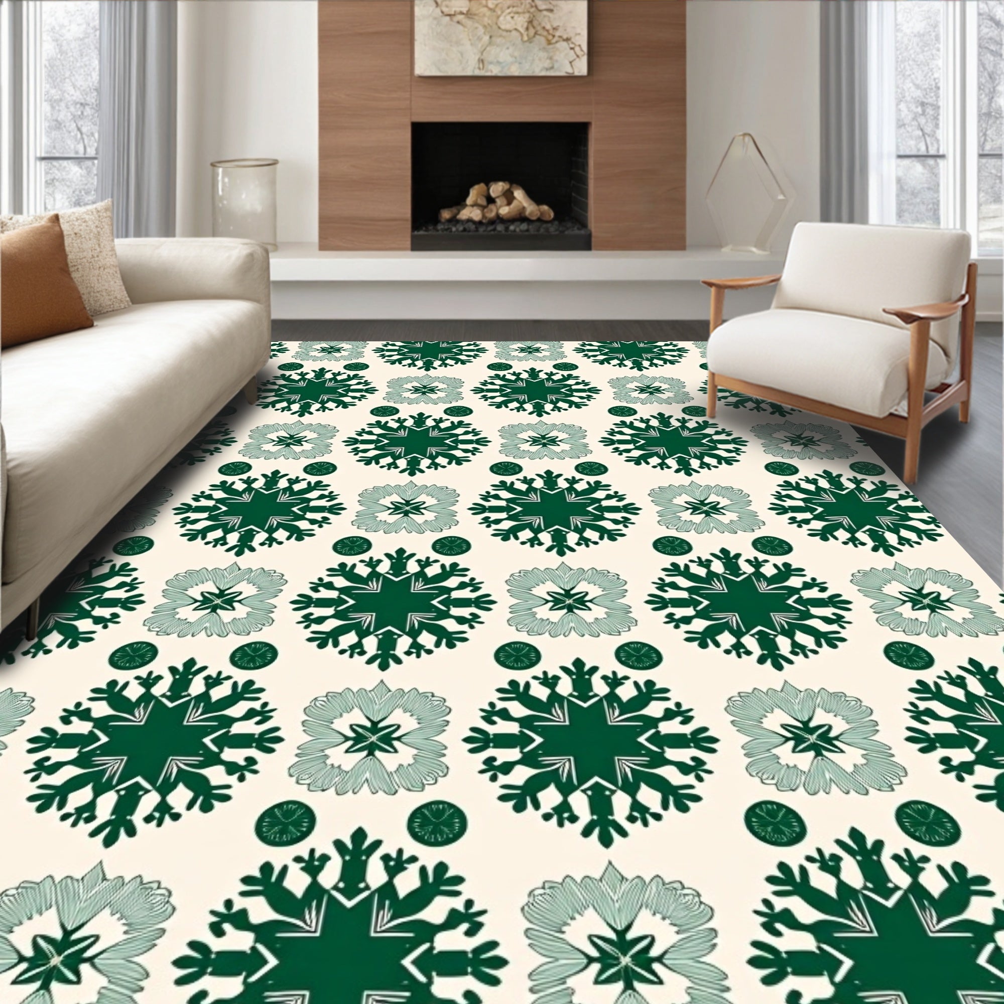 Emerald Snowflakes on Cream Background Rug