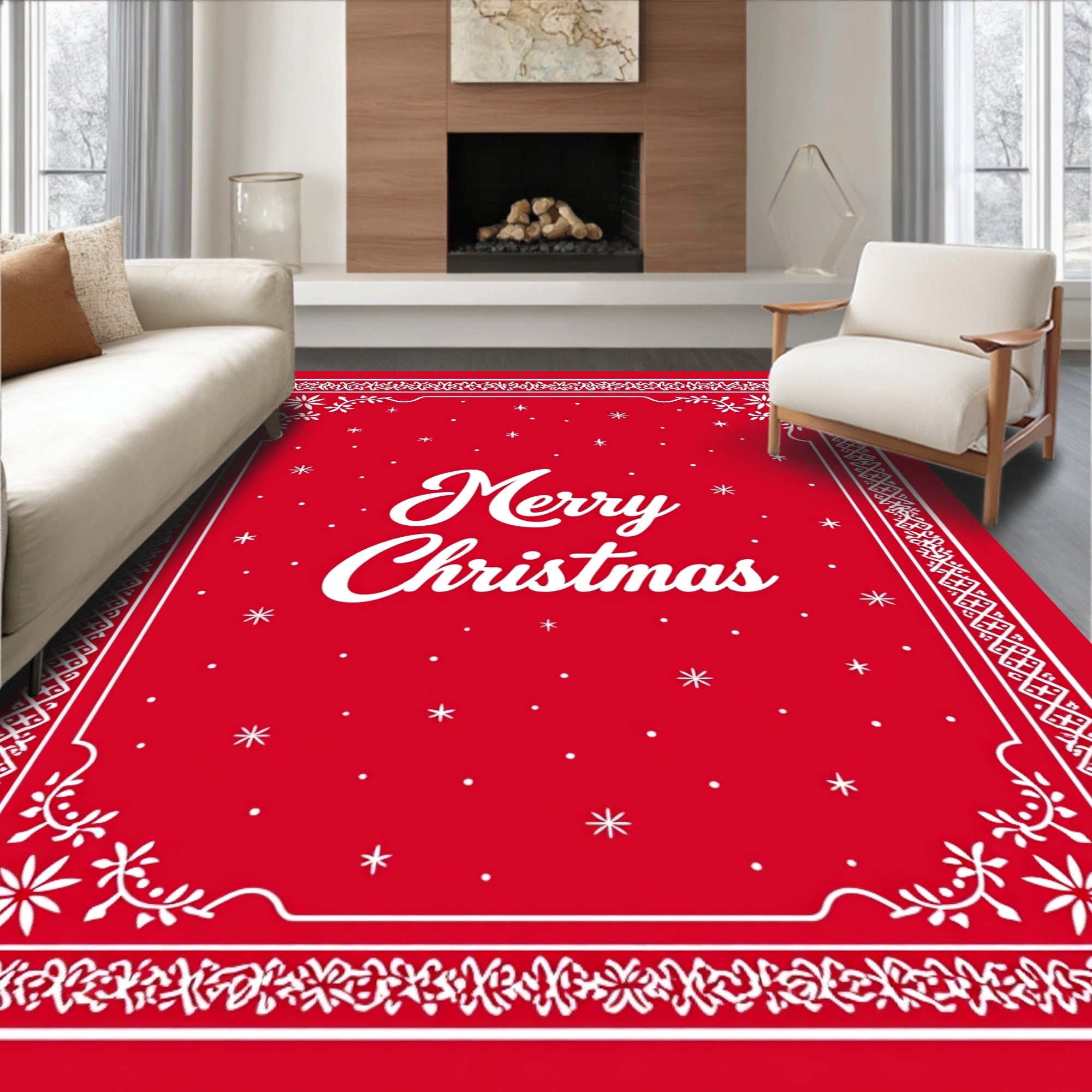 Classic Red Snowflakes Border Rug