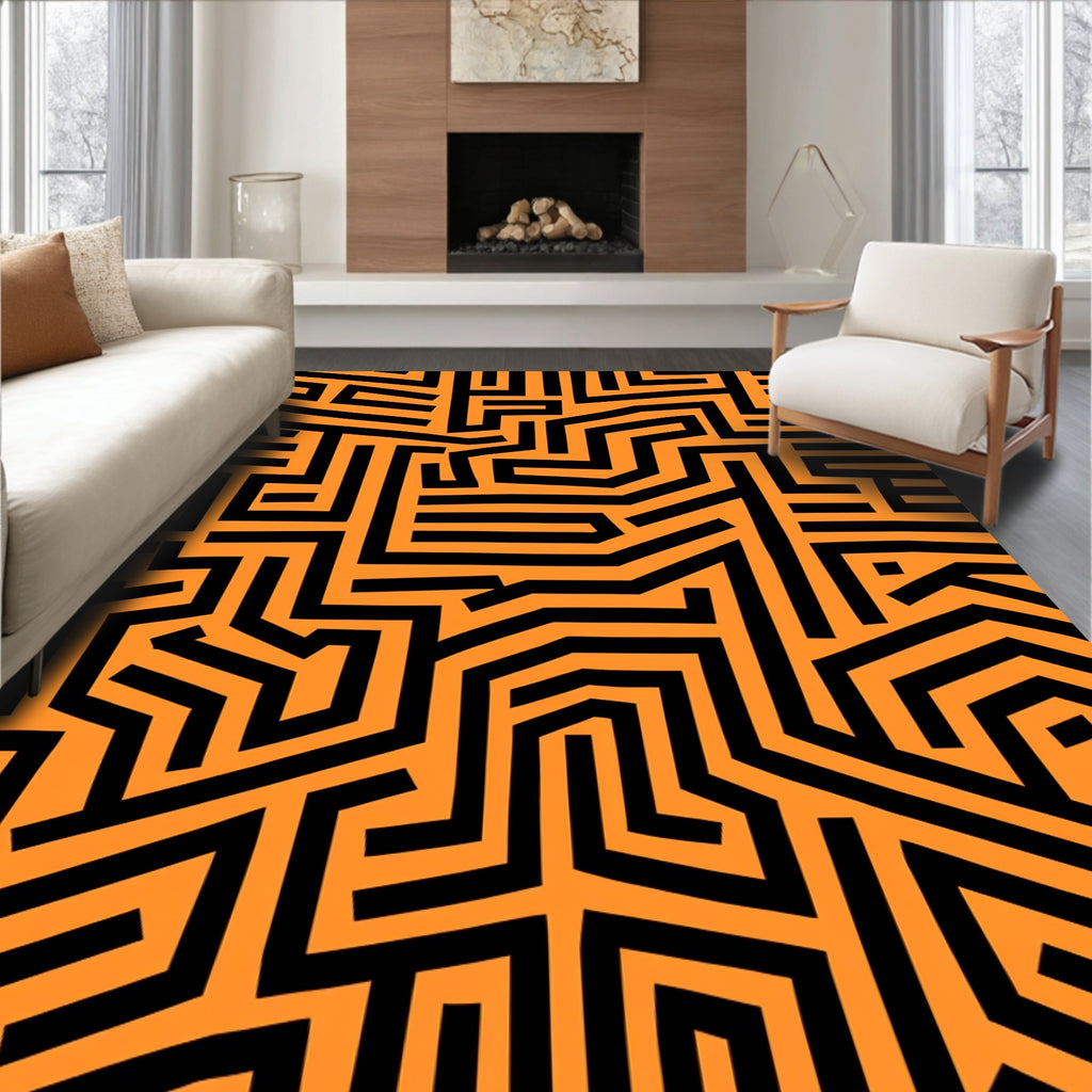 Orange Black Abstract Labyrinth Lines Rug