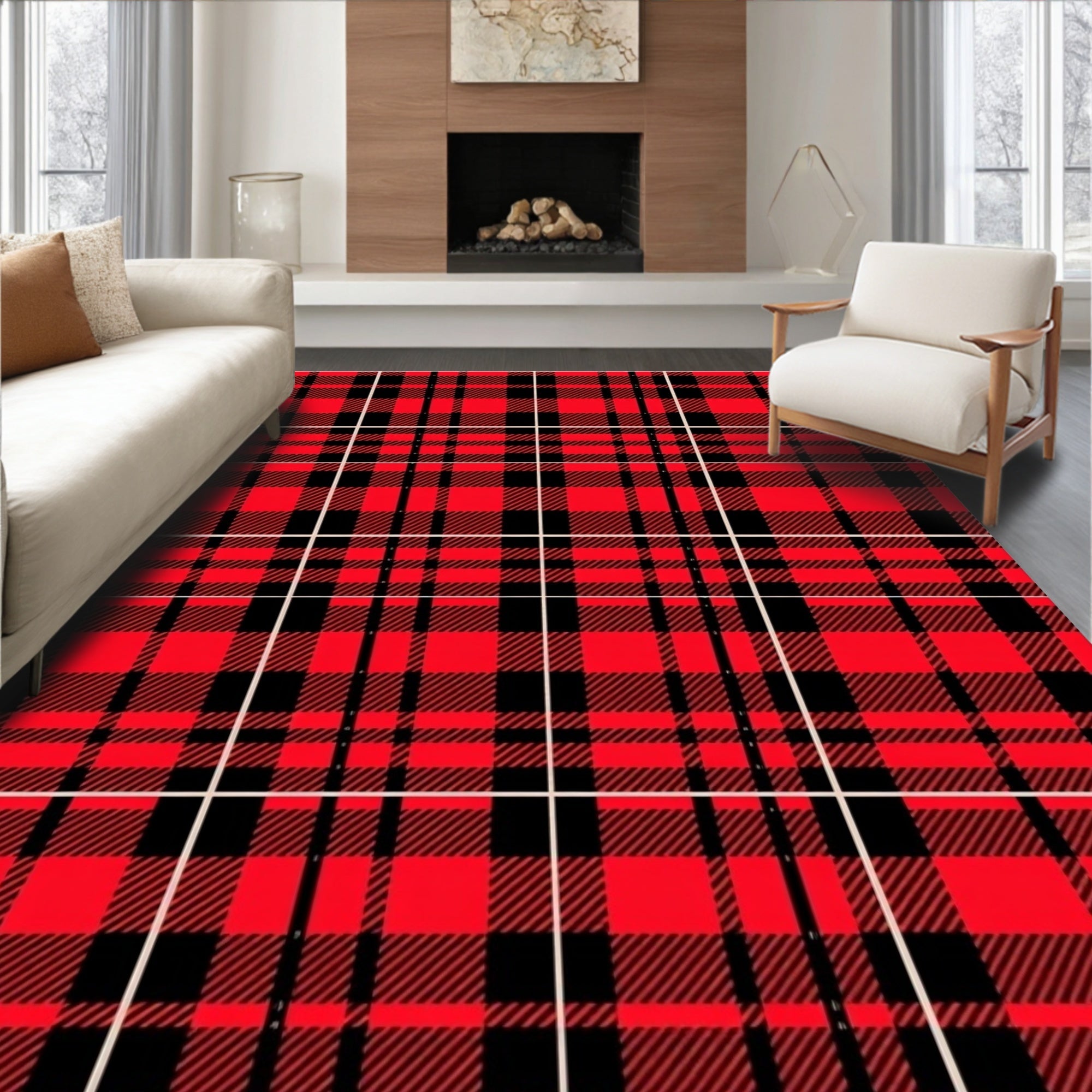 Classic Red Black Plaid Crossing Lines Rug