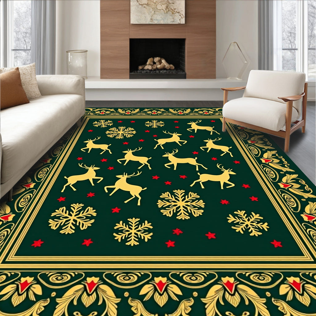 Golden Reindeer and Snowflakes Festive Border Rug