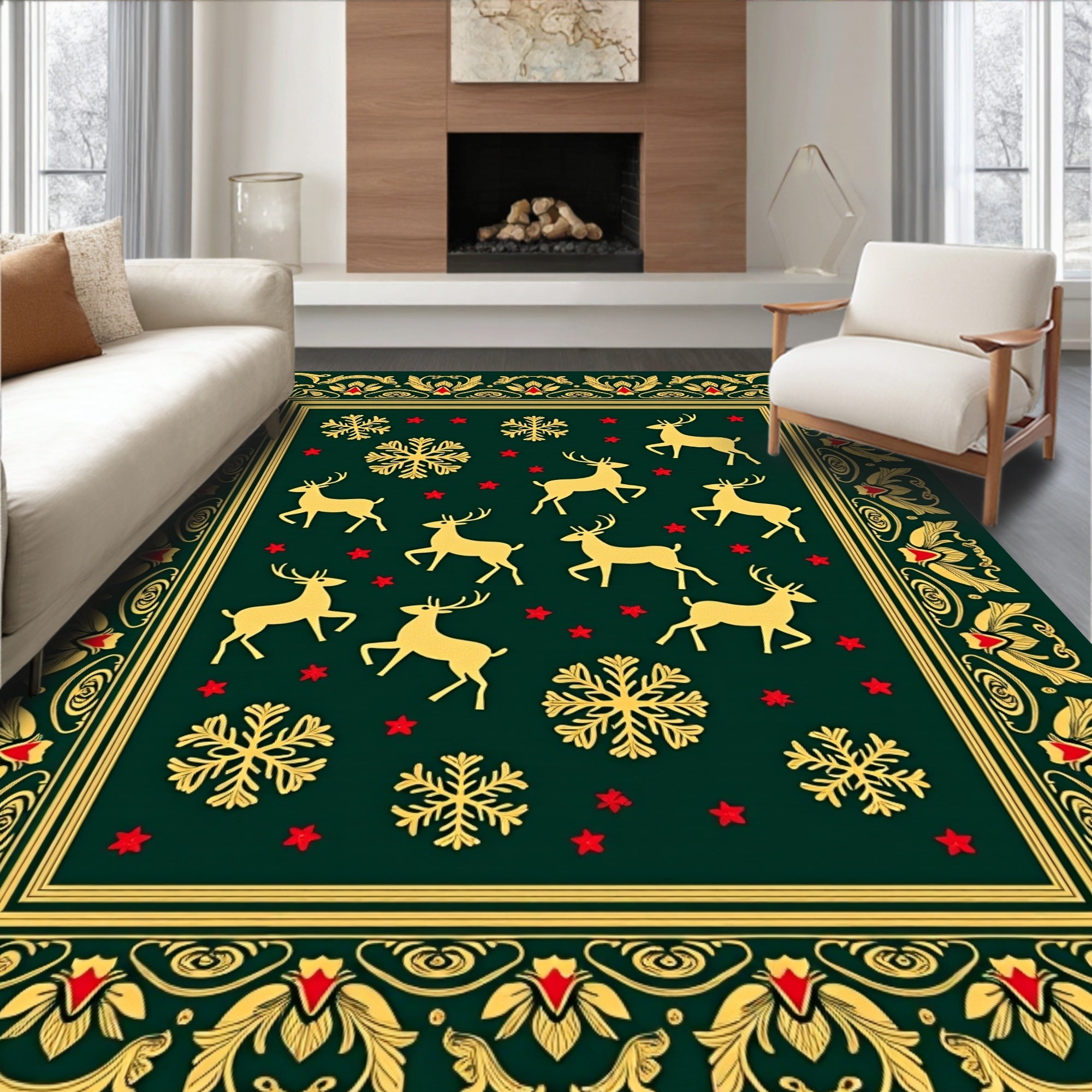 Golden Reindeer and Snowflakes Festive Border Rug