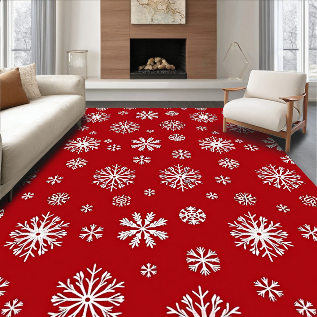 White Snowflake Overlay Red Rug