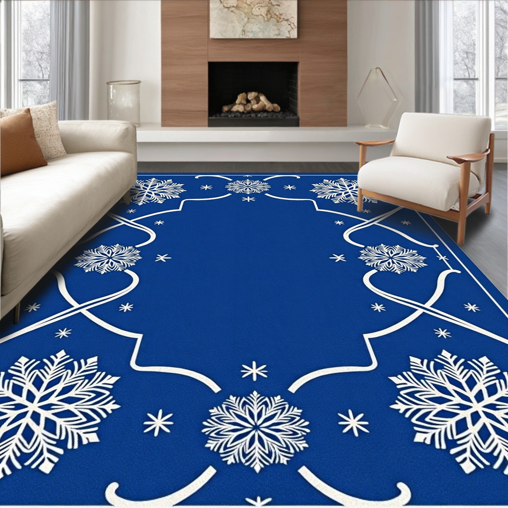 Cobalt Blue Snowflake Border Rug