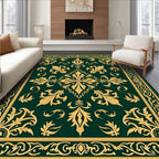 Golden Ornate Floral Border Emerald Rug