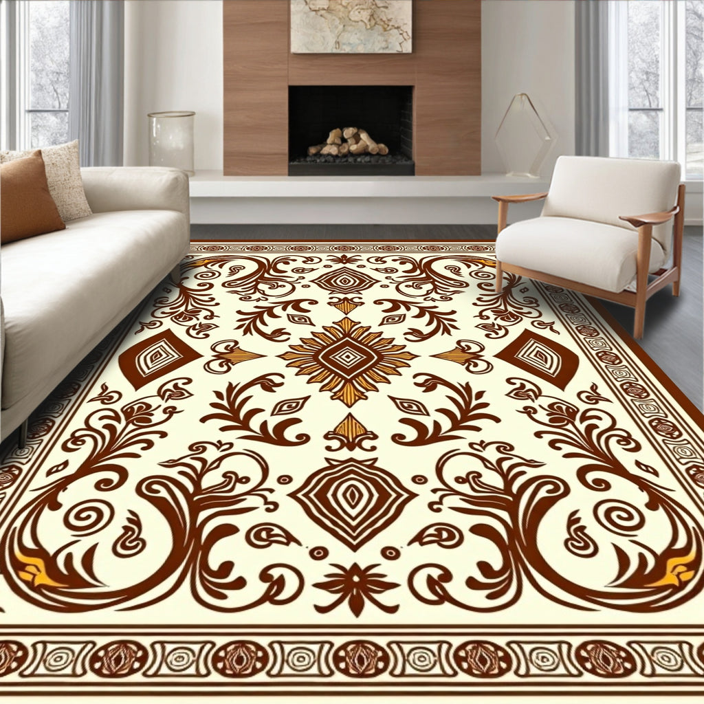 Vintage Brown Floral Medallion Scroll Rug
