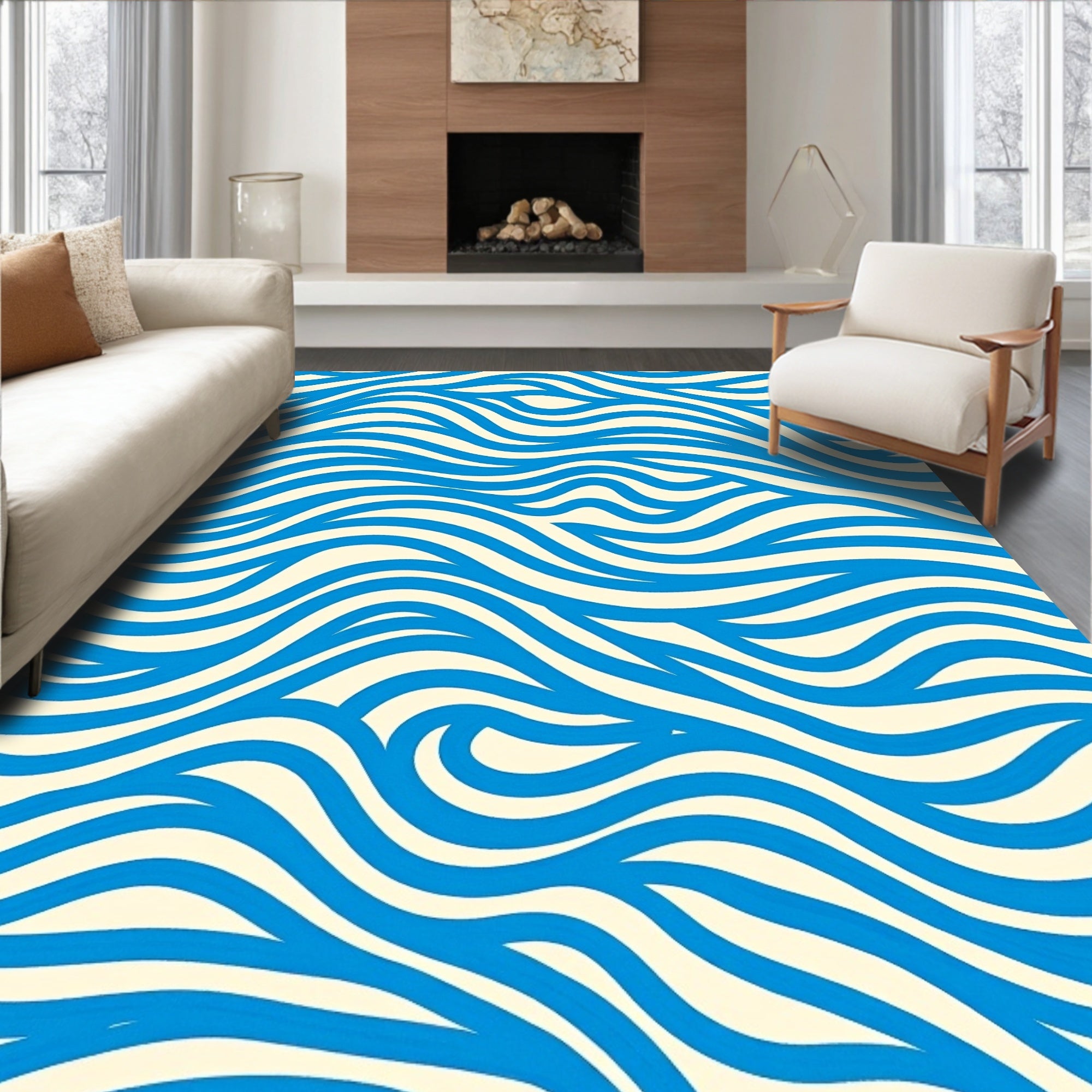 Bold Blue Cream Swirling Lines Rug
