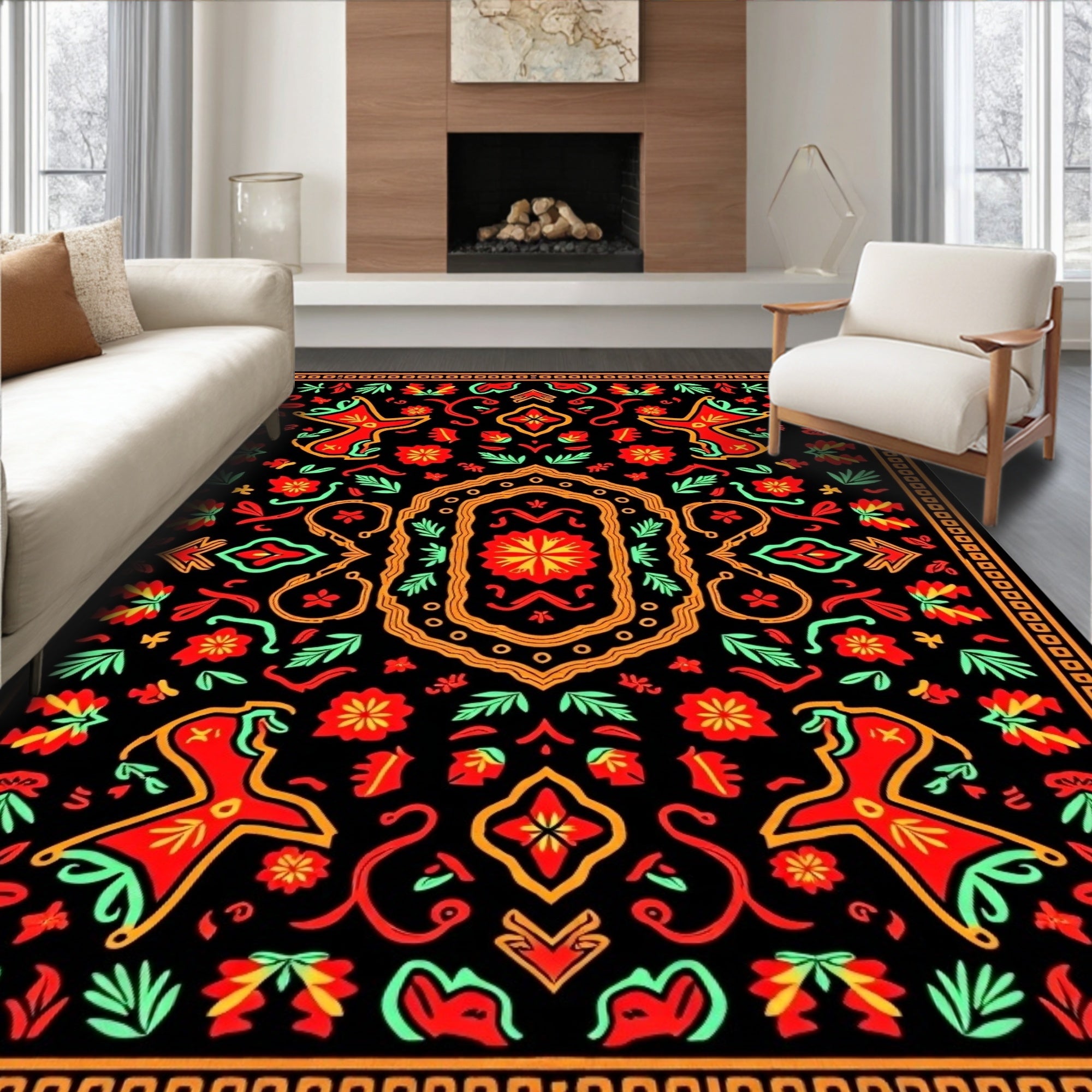 Vibrant Black Red Floral Medallion Rug