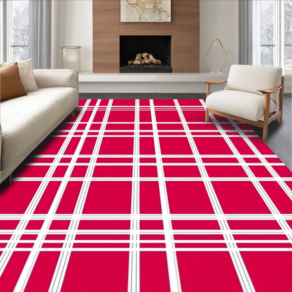 Crimson White Plaid Grid Rug