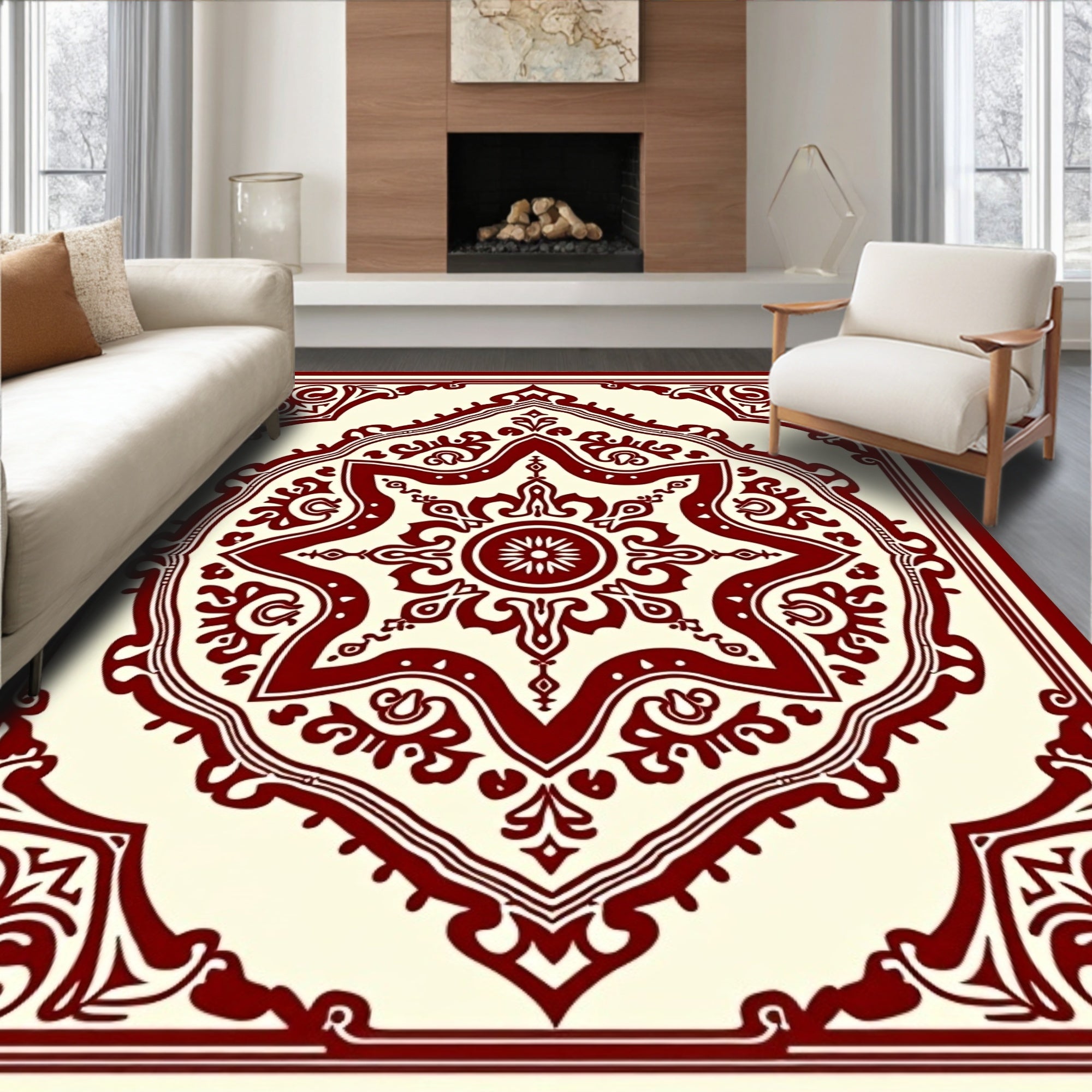 Deep Red Ornate Medallion Field Rug