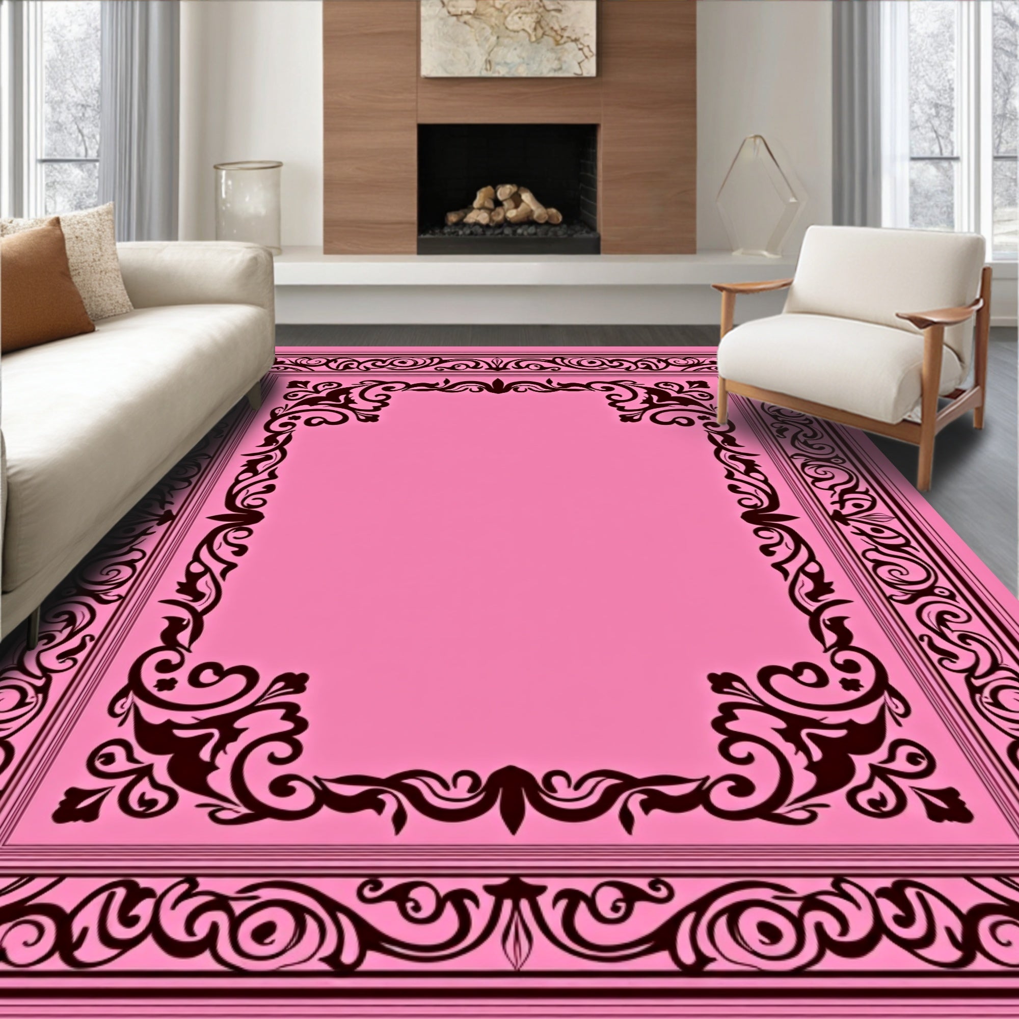 Ornate Pink Scrollwork Border Rug