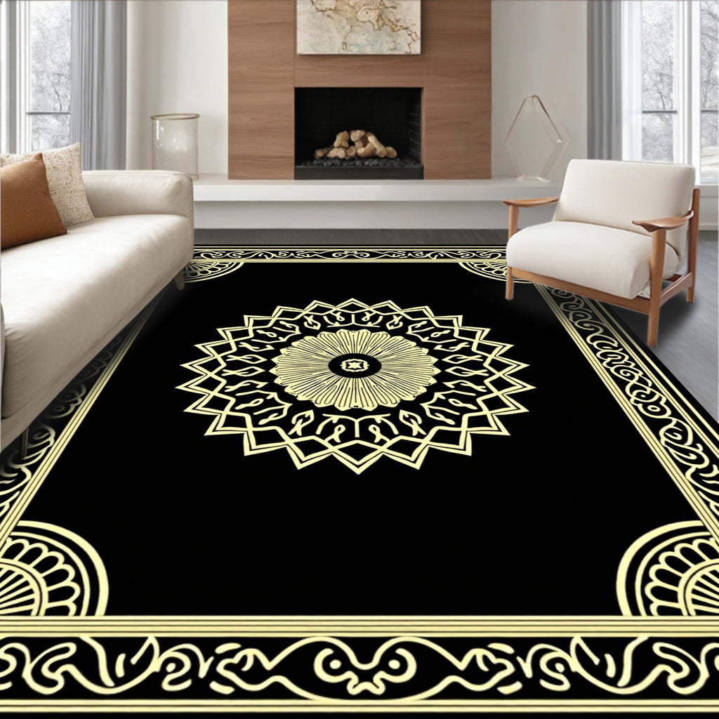 Golden Black Intricate Mandala Frame Rug
