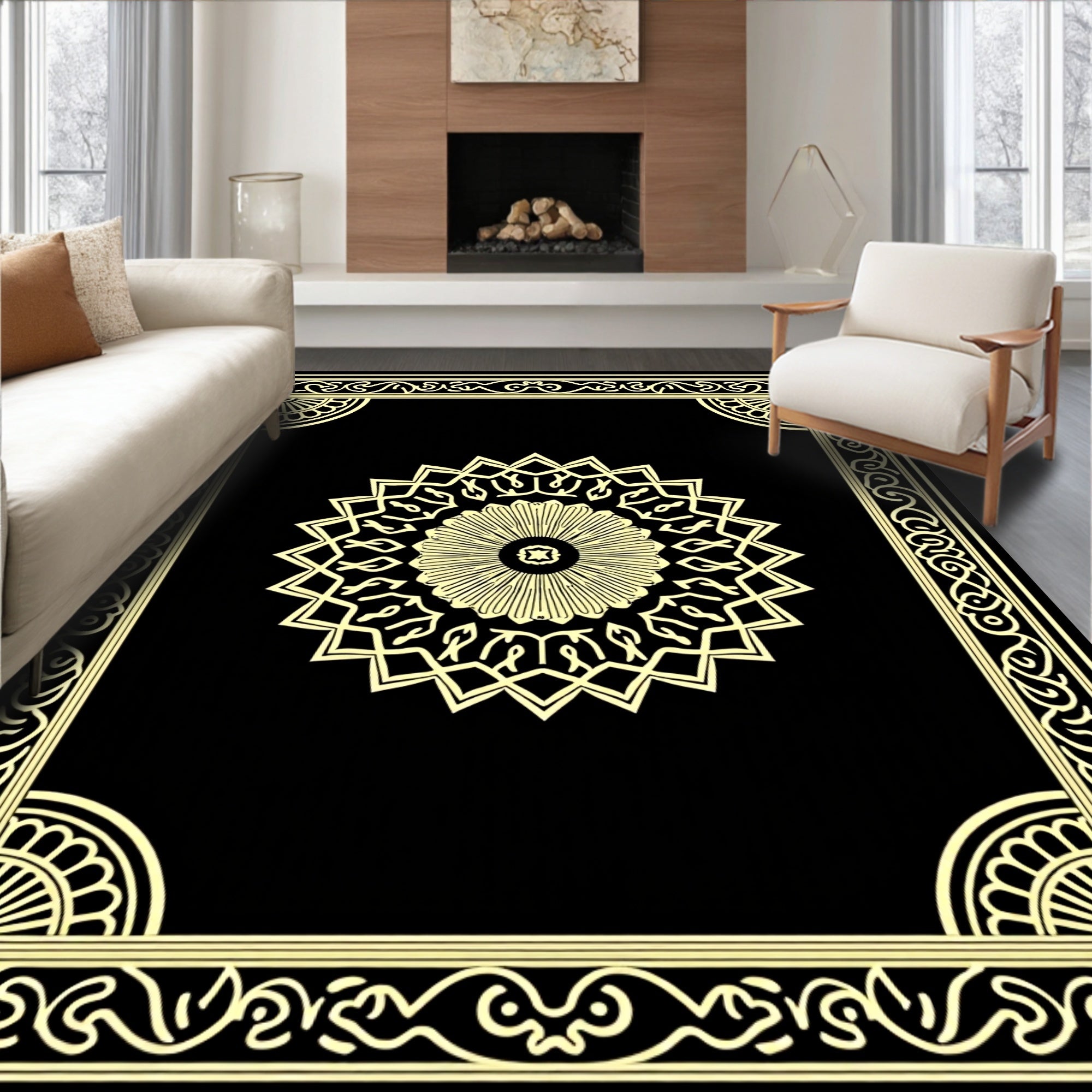 Golden Black Intricate Mandala Frame Rug