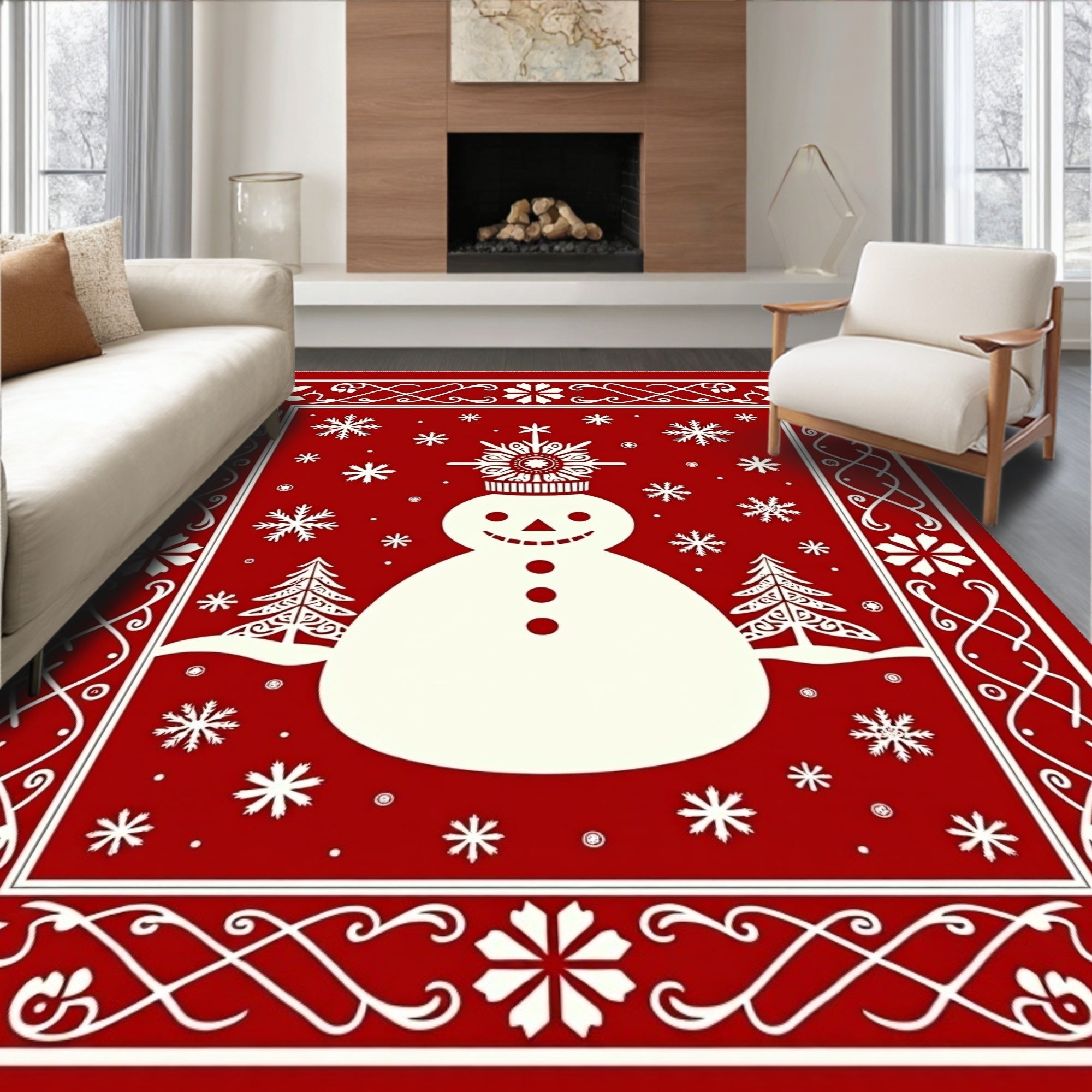 Festive Snowman Red Snowflake Frame Rug