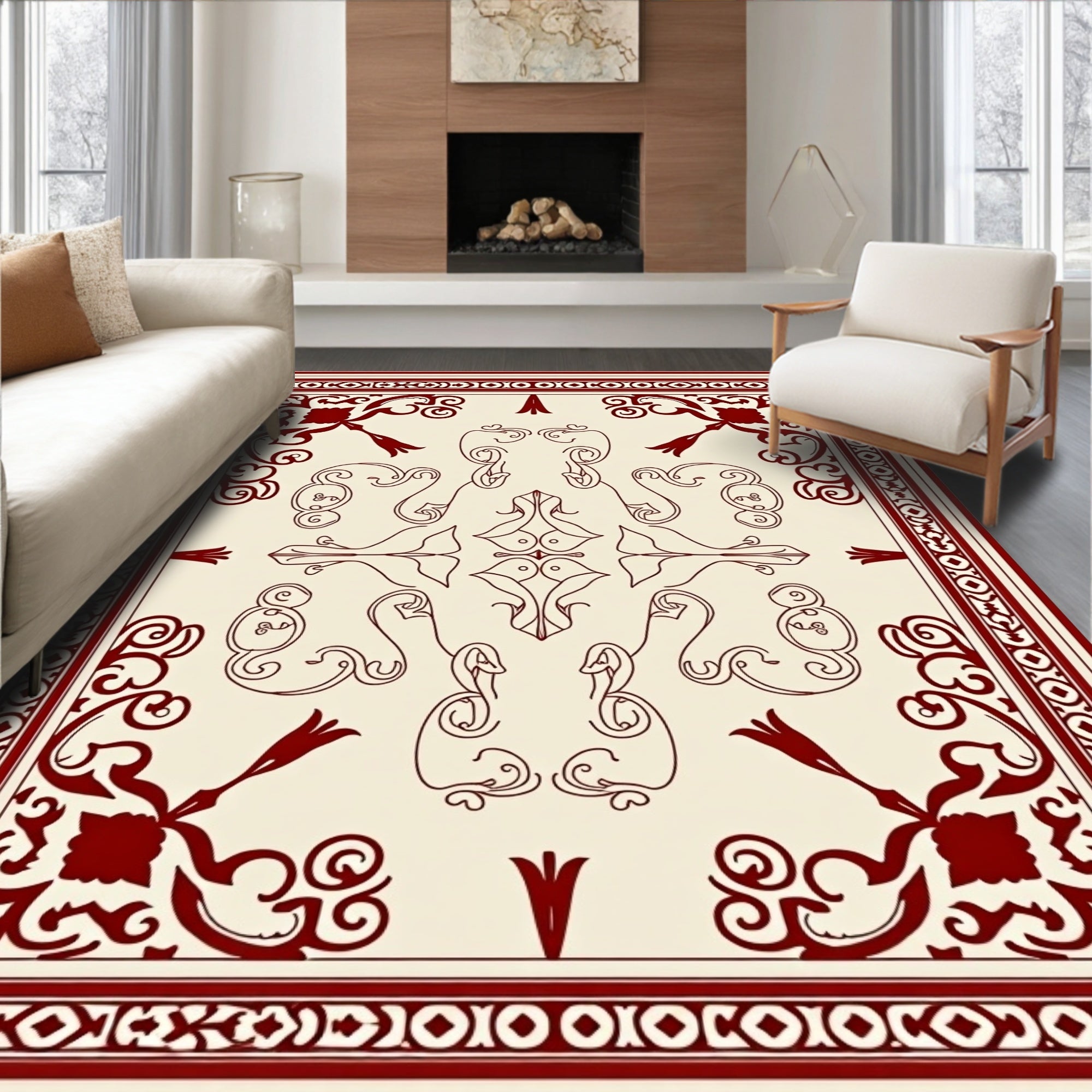 Crimson Floral Medallion Cream Rug