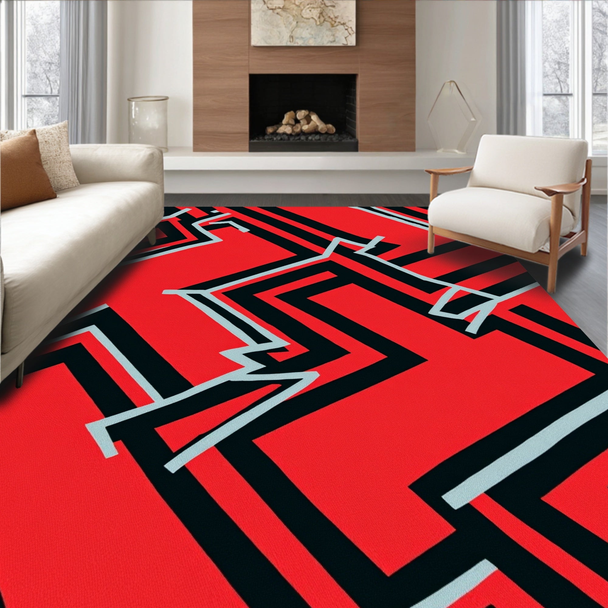 Bold Red Geometric Zigzag Lines Rug