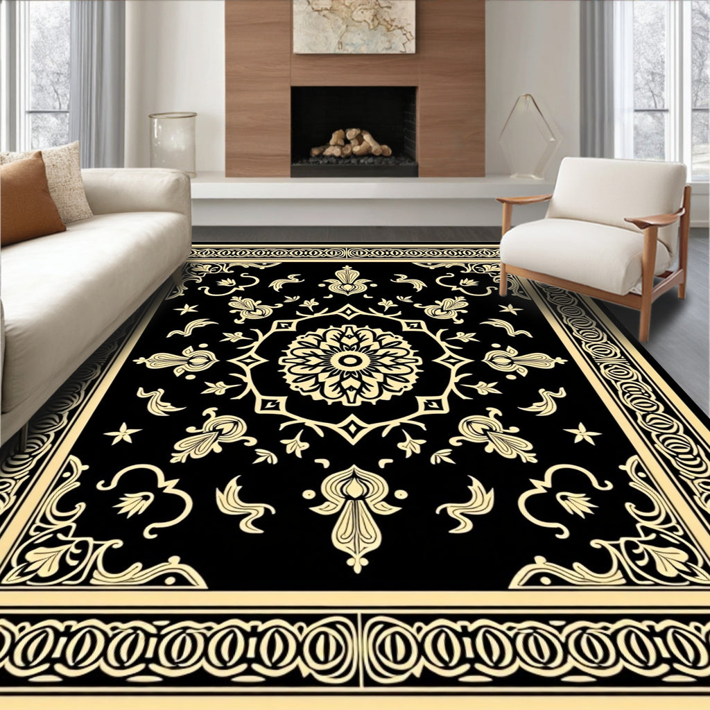 Timeless Black Gold Floral Medallion Rug