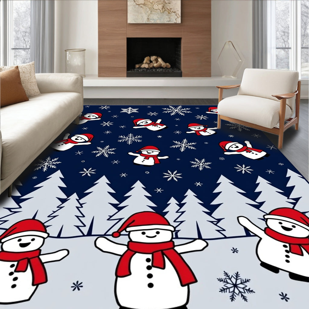 Happy Snowman Red Scarf Winter Forest Rug