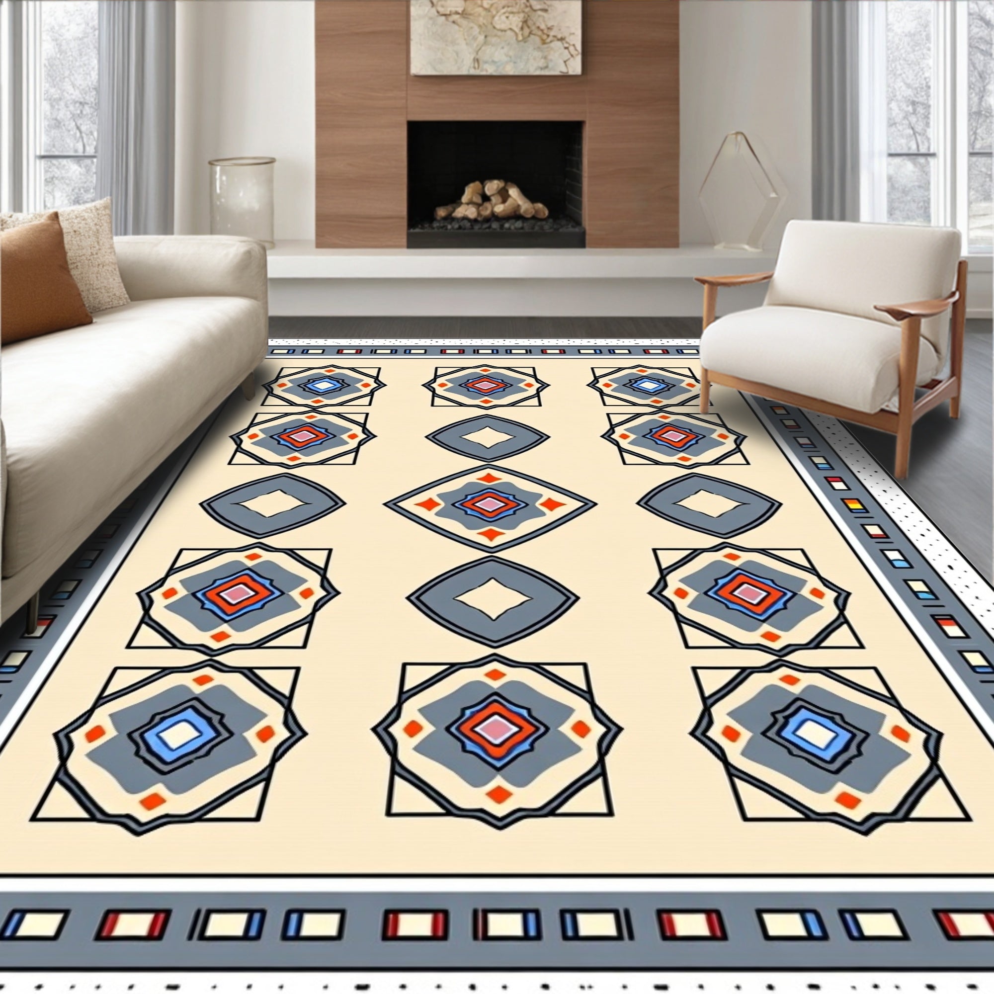 Cream Geometric Medallion Border Rug