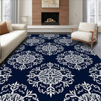Ornate White Snowflake Navy Blue Rug