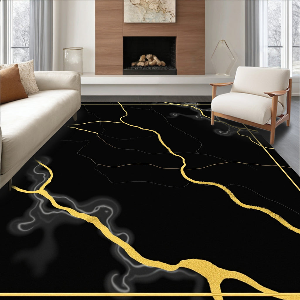 Black Gold Vein Abstract Rug