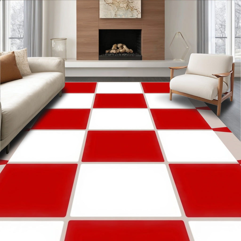 Bold Red White Checkered Squares Rug
