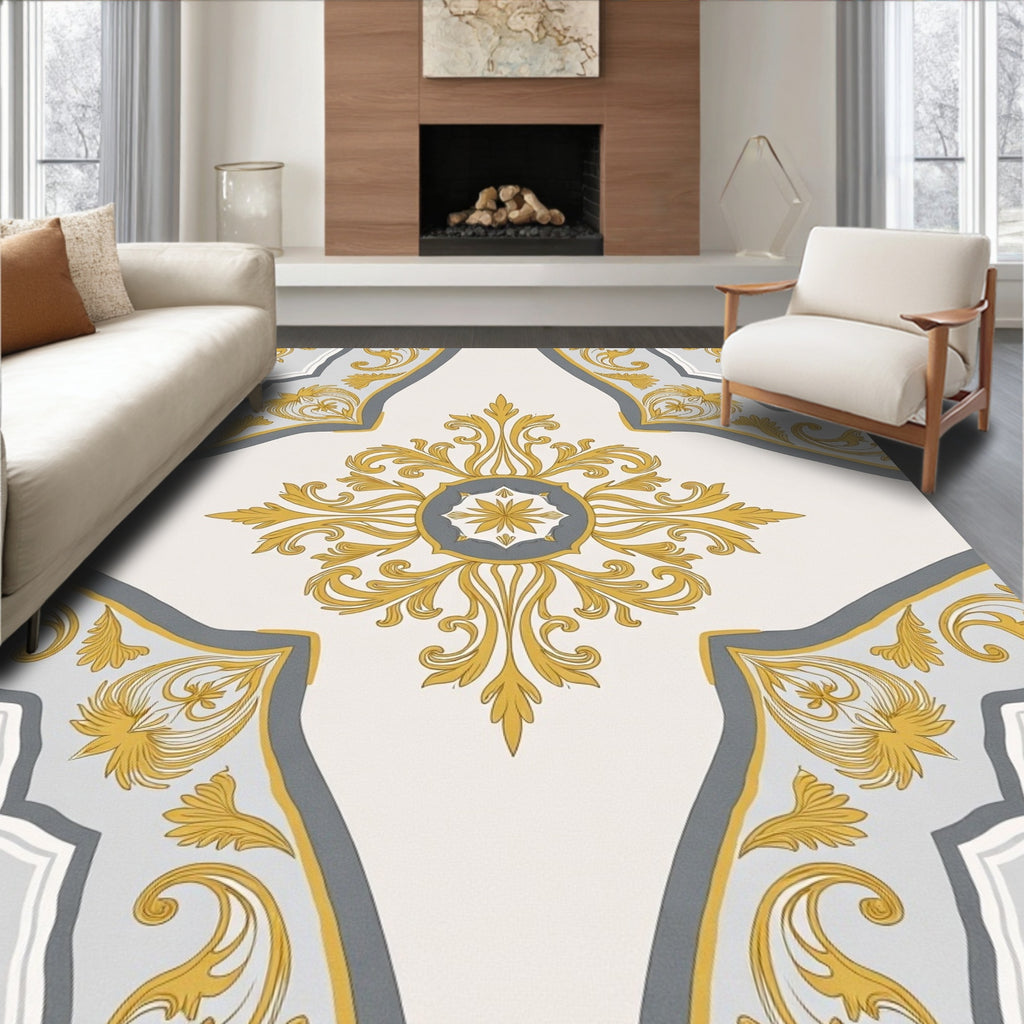 Gold Gray Baroque Scroll Ornament Rug