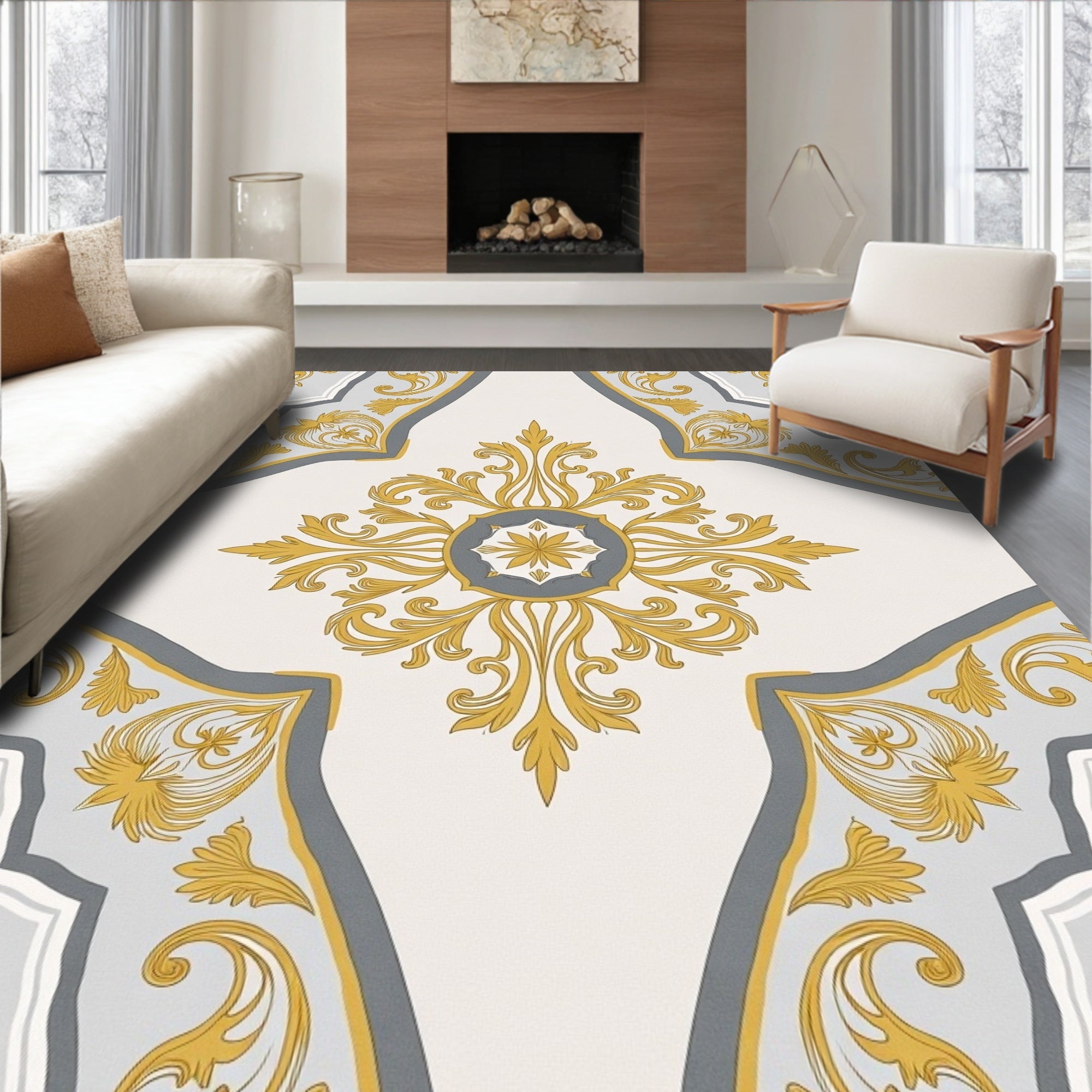 Gold Gray Baroque Scroll Ornament Rug