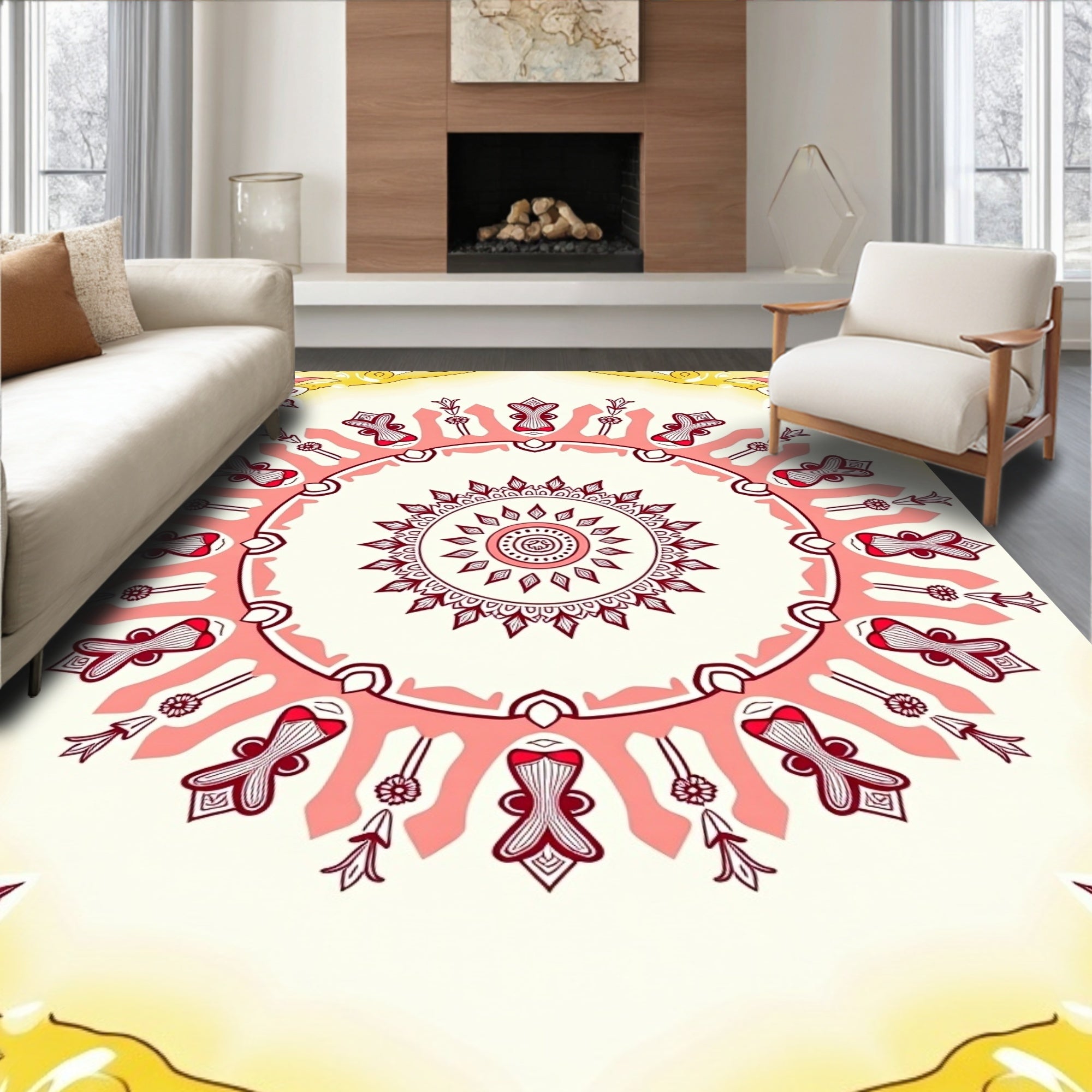 Crimson Floral Mandala Yellow Border Rug