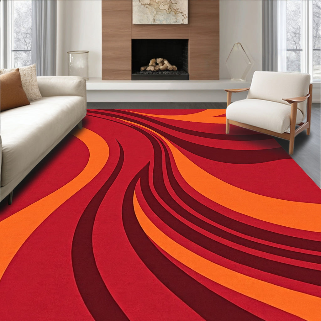 Retro Red Orange Swirl Rug