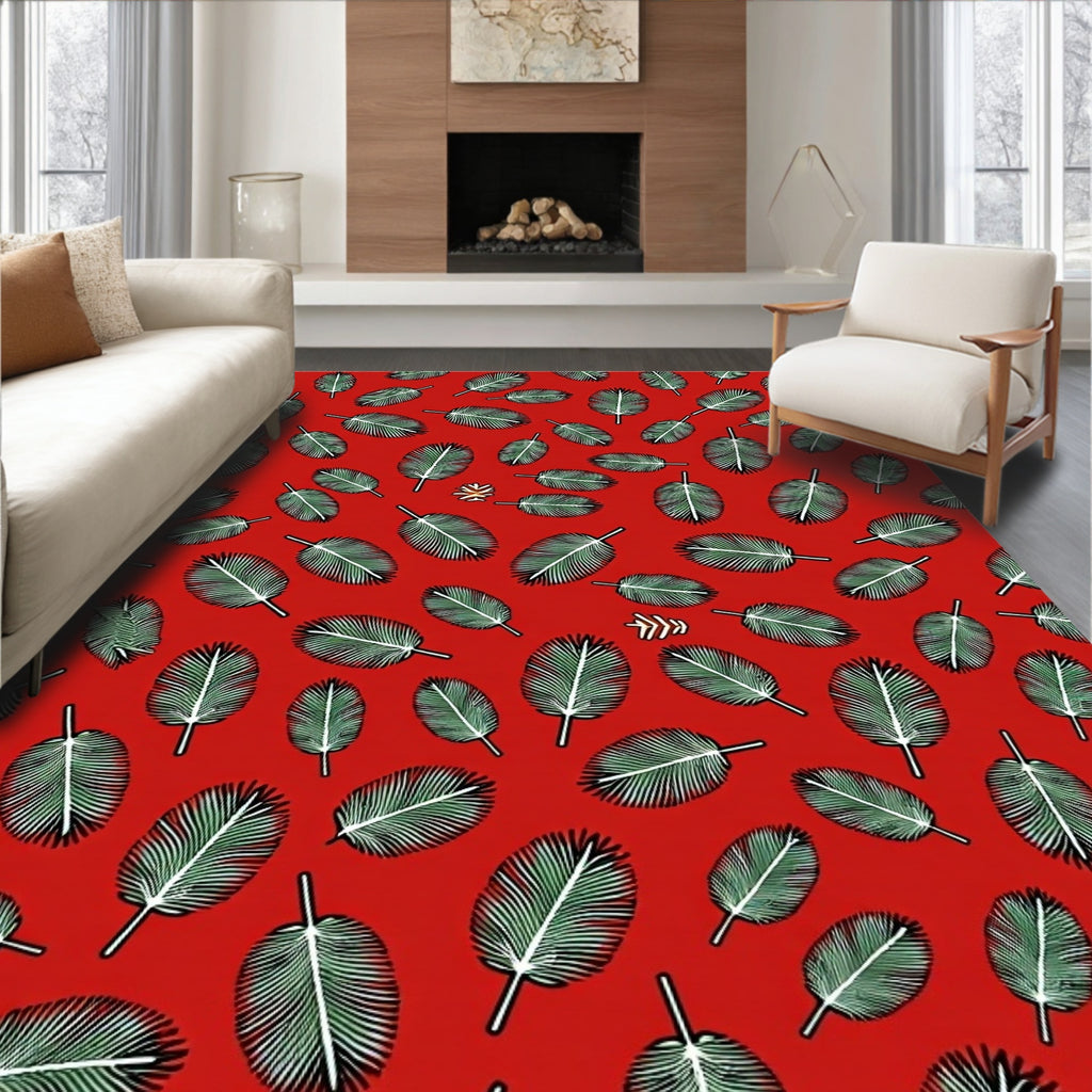 Red Tropical Palm Leaf Scatter Rug