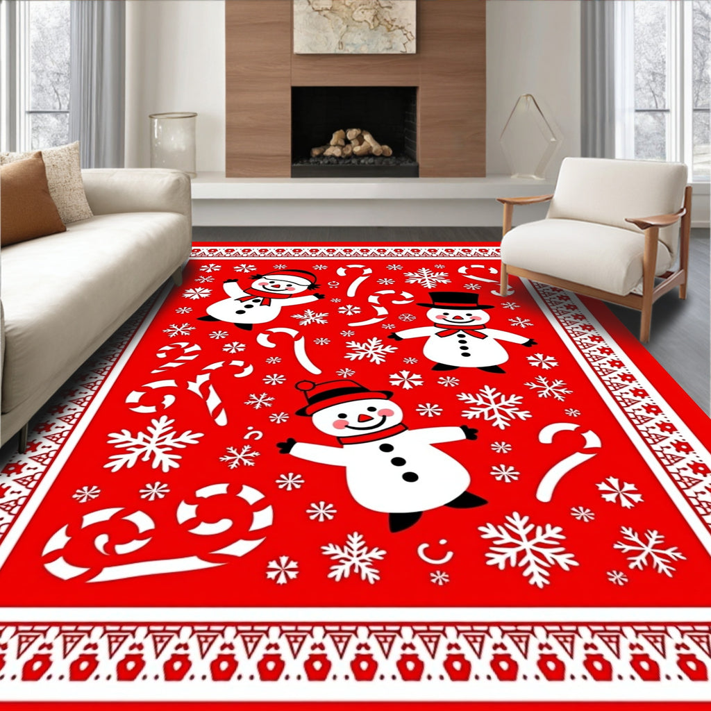 Charming Red Snowman Candy Cane Snowflakes Rug