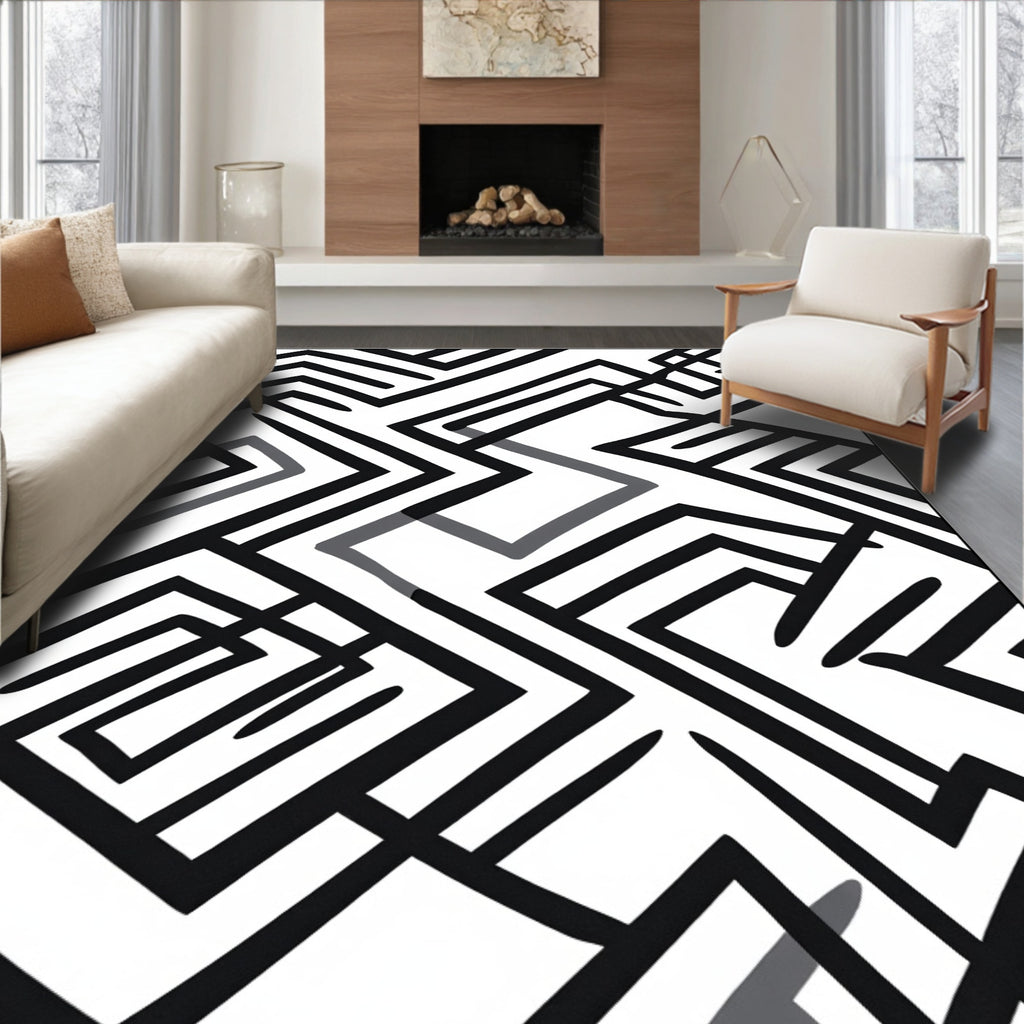 Dynamic Black White Geometric Maze Rug