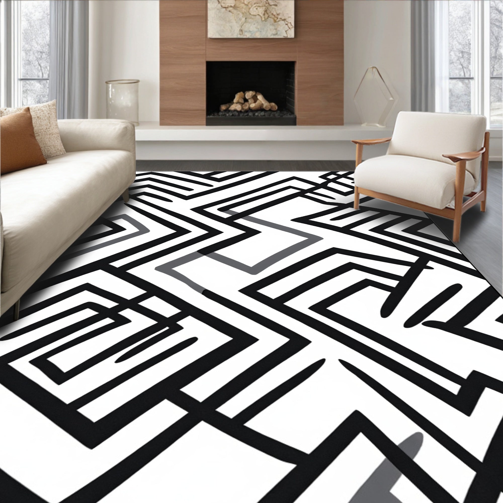 Dynamic Black White Geometric Maze Rug