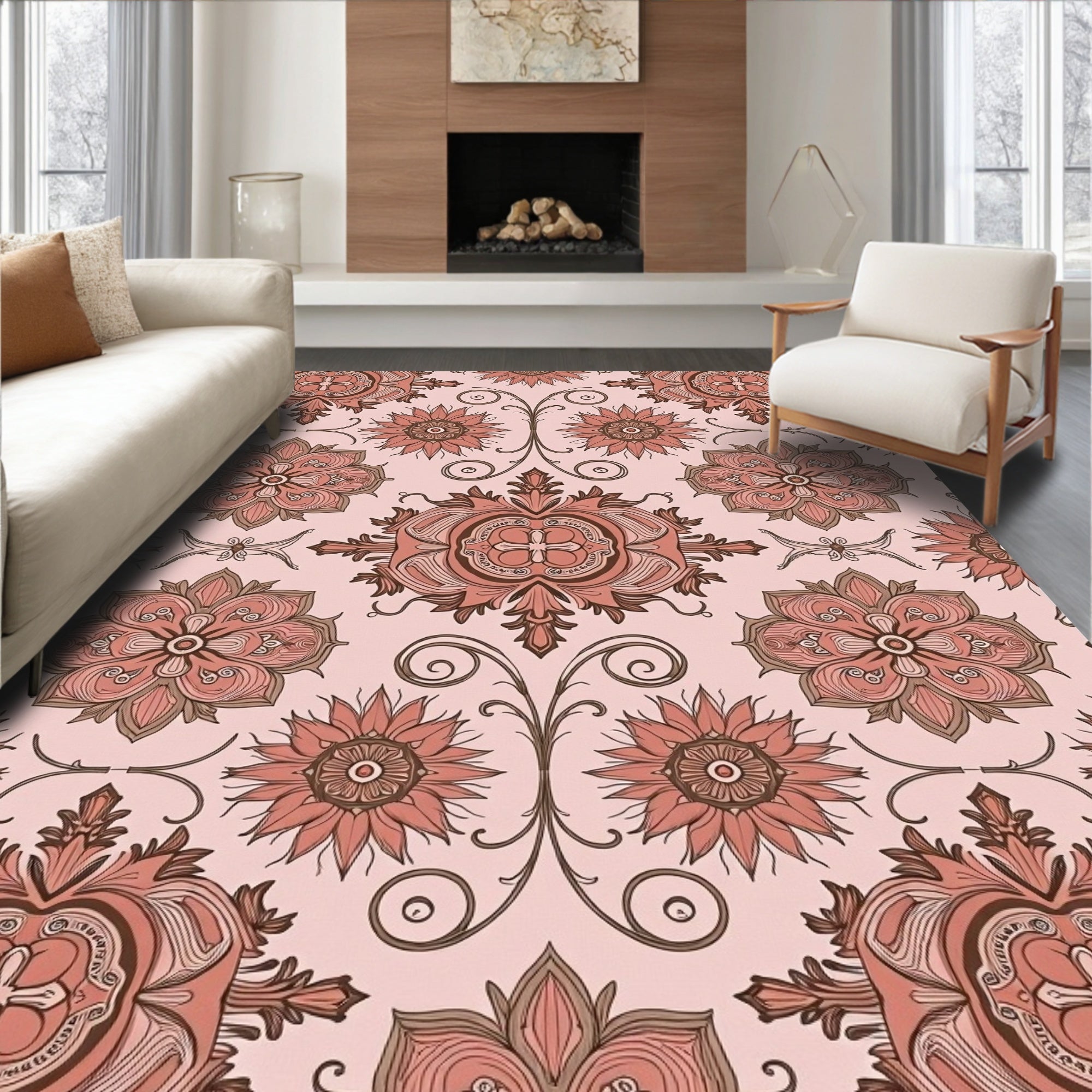 Terra Cotta Floral Medallion Scrolls Rug