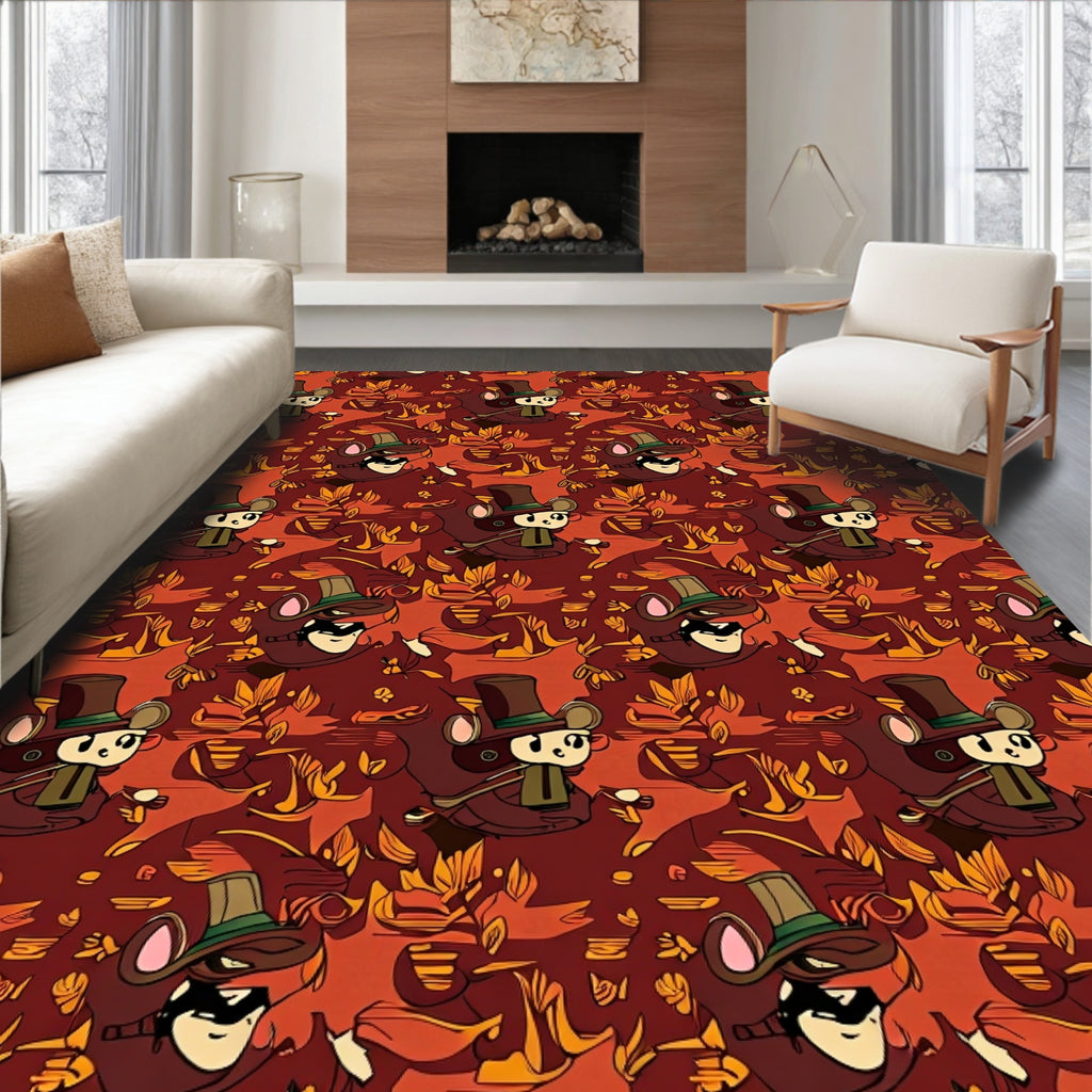 Whimsical Brown Top Hat Mouse Autumn Leaves Rug