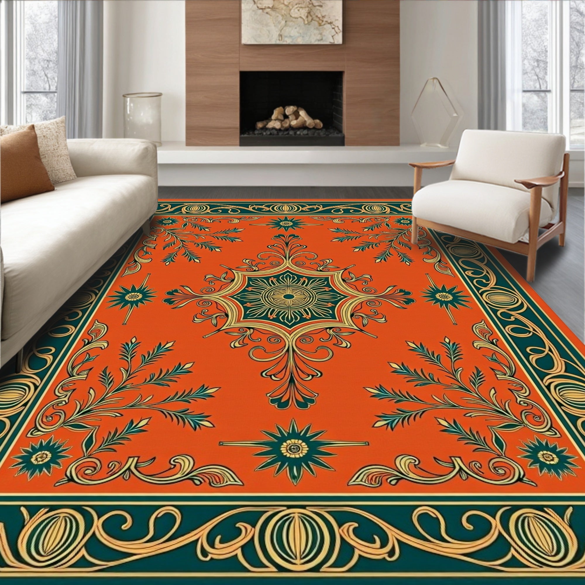 Ornate Teal Geometric Floral Medallion Rug