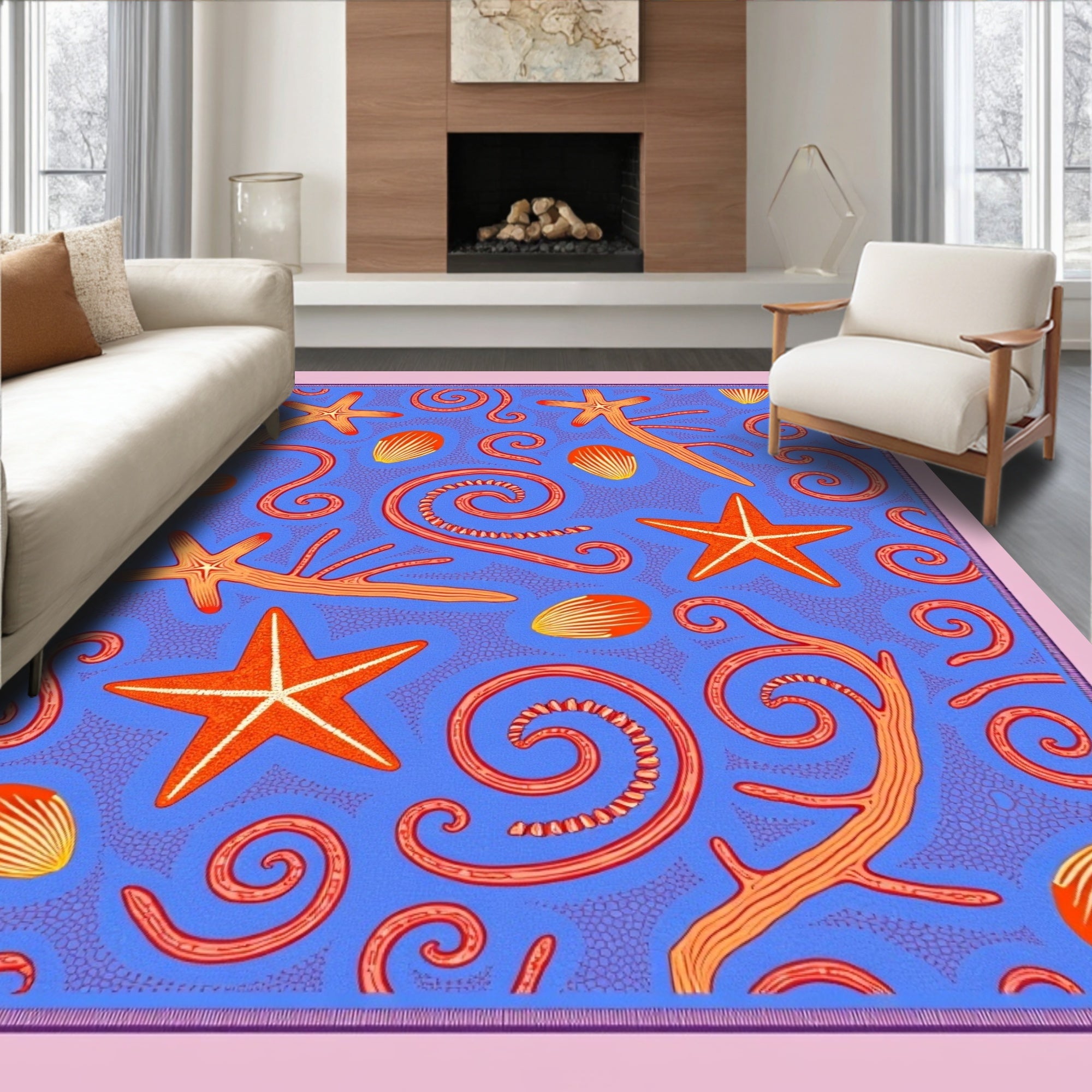 Orange Starfish Shells Swirls Blue Rug