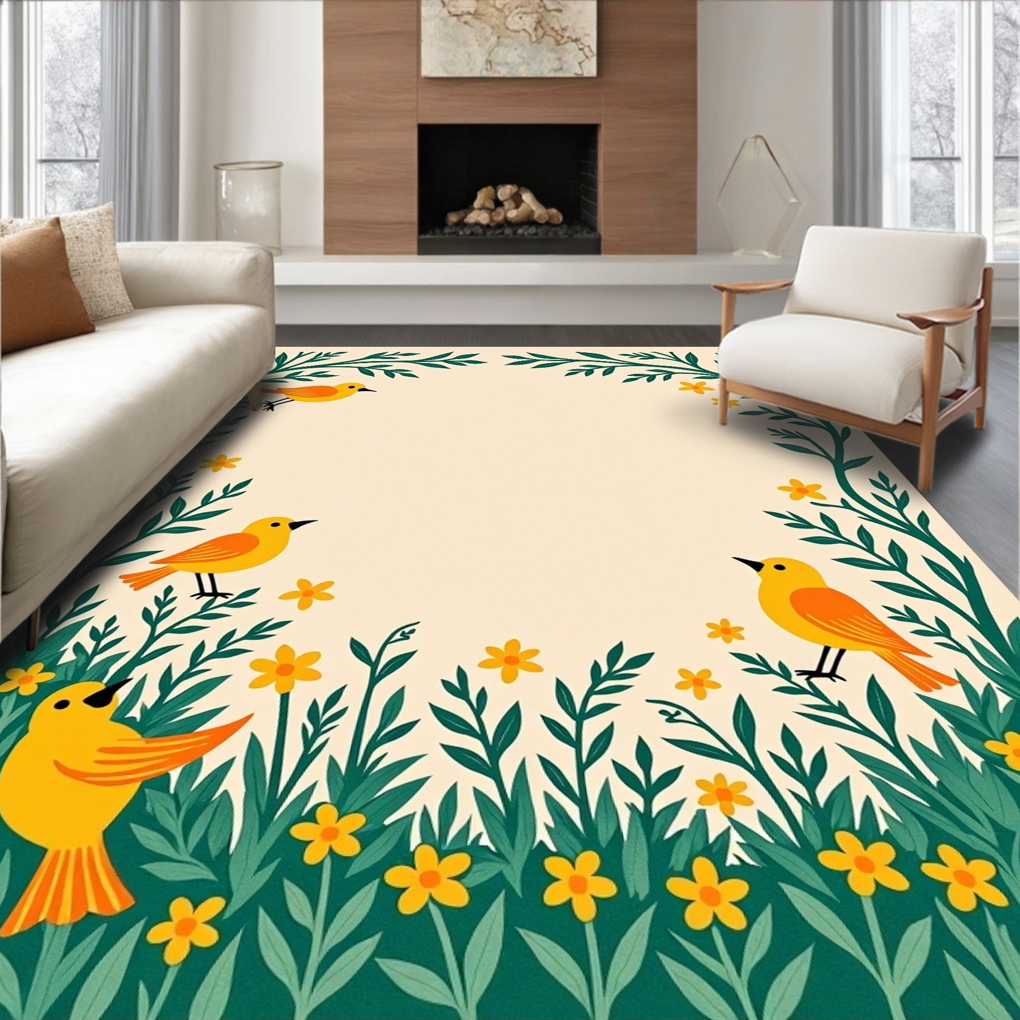 Yellow Birds In Lush Garden Rug