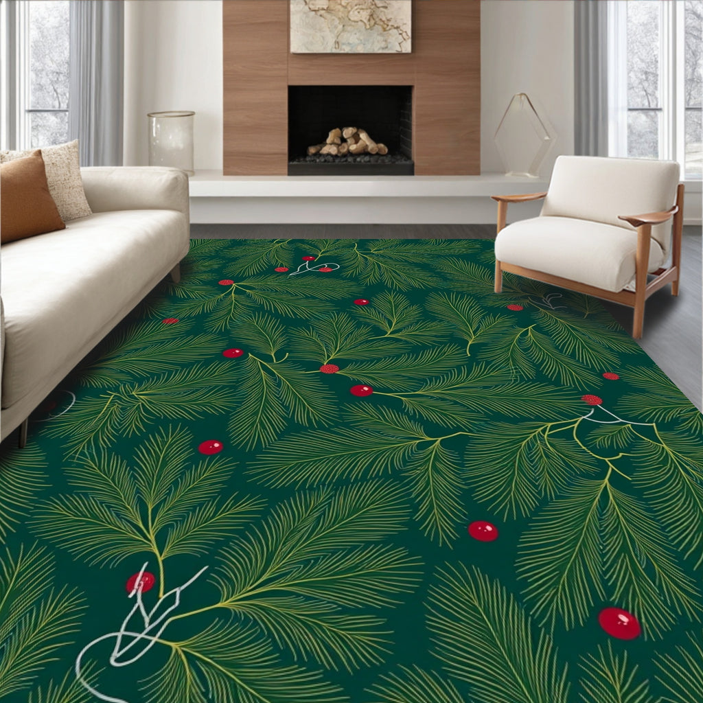 Deep Green Evergreen Berry Branch Rug