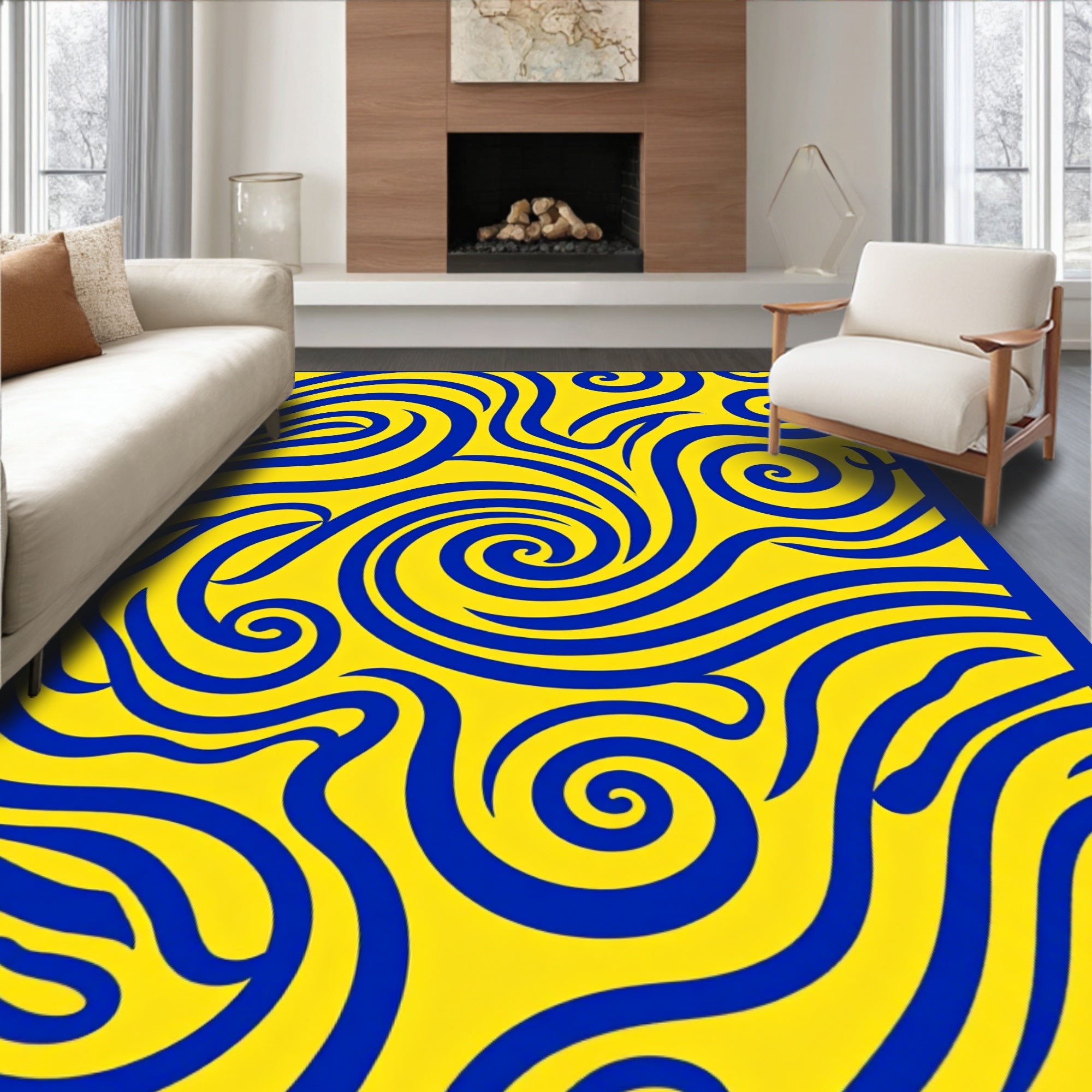 Bold Cobalt Swirls Yellow Rug