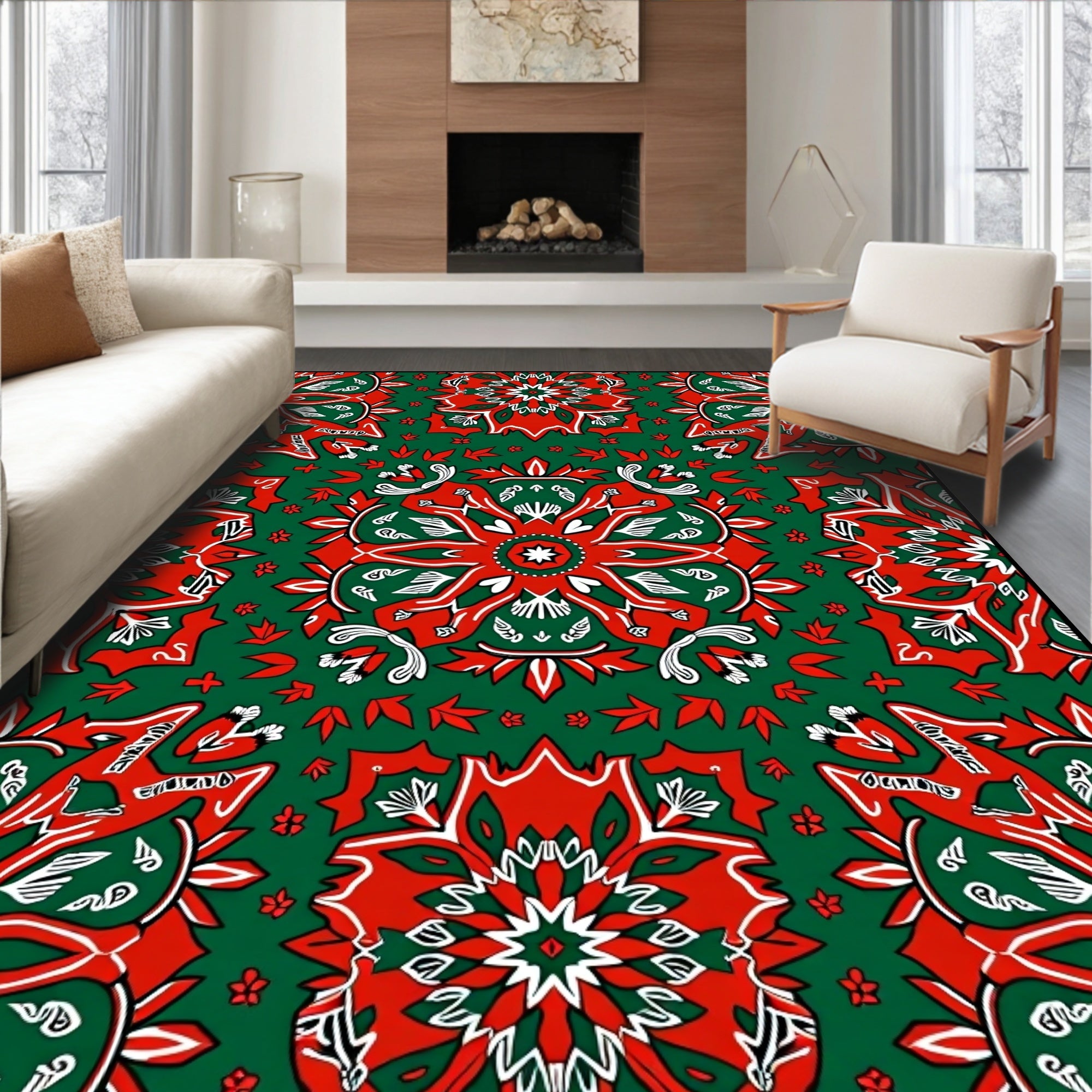 Red White Green Medallion Floral Rug