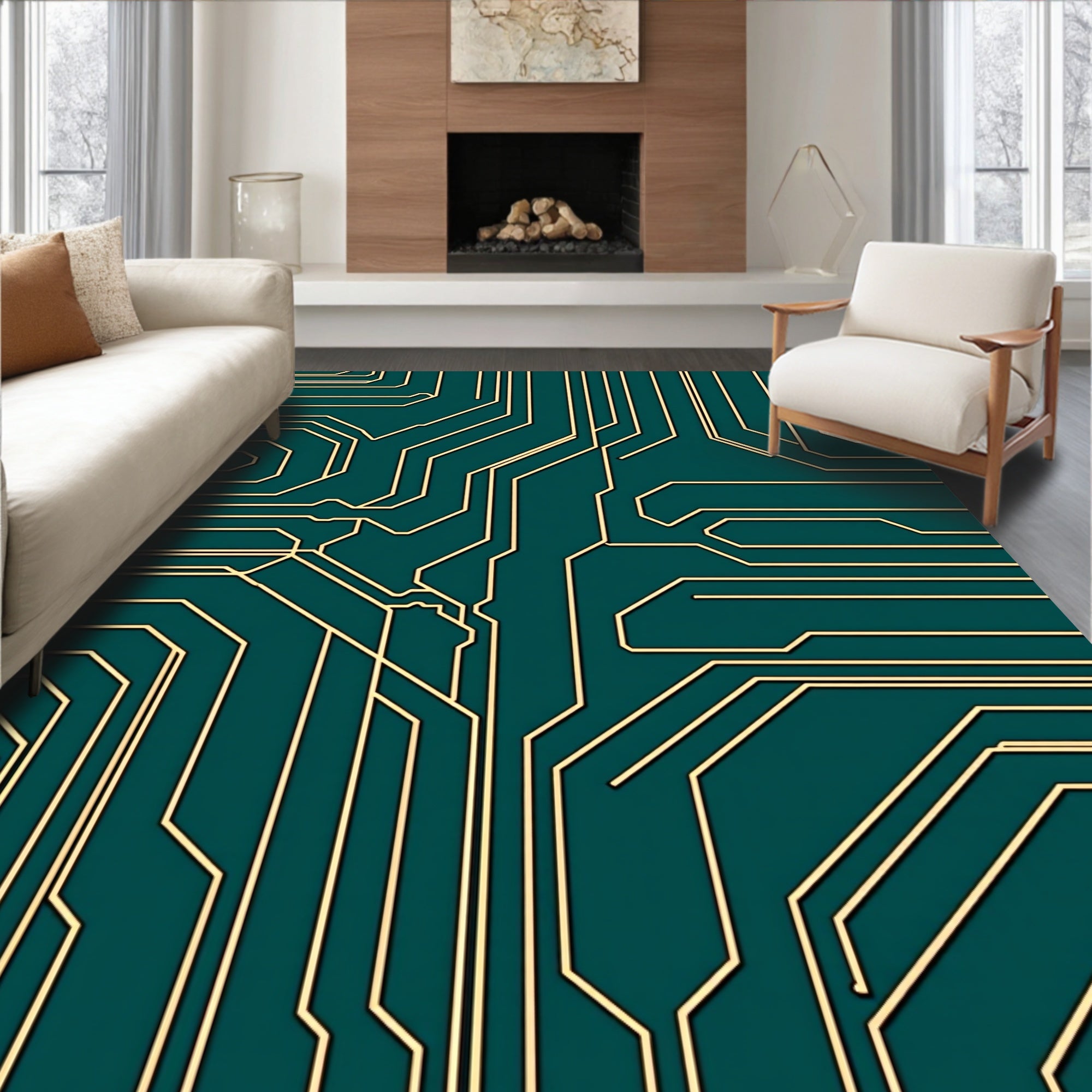Cool Teal Circuit Board Lines Rug