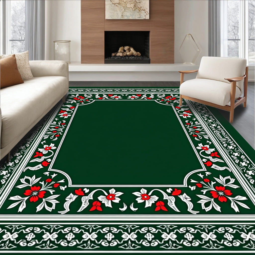 Ornate Crimson and White Floral Border Rug