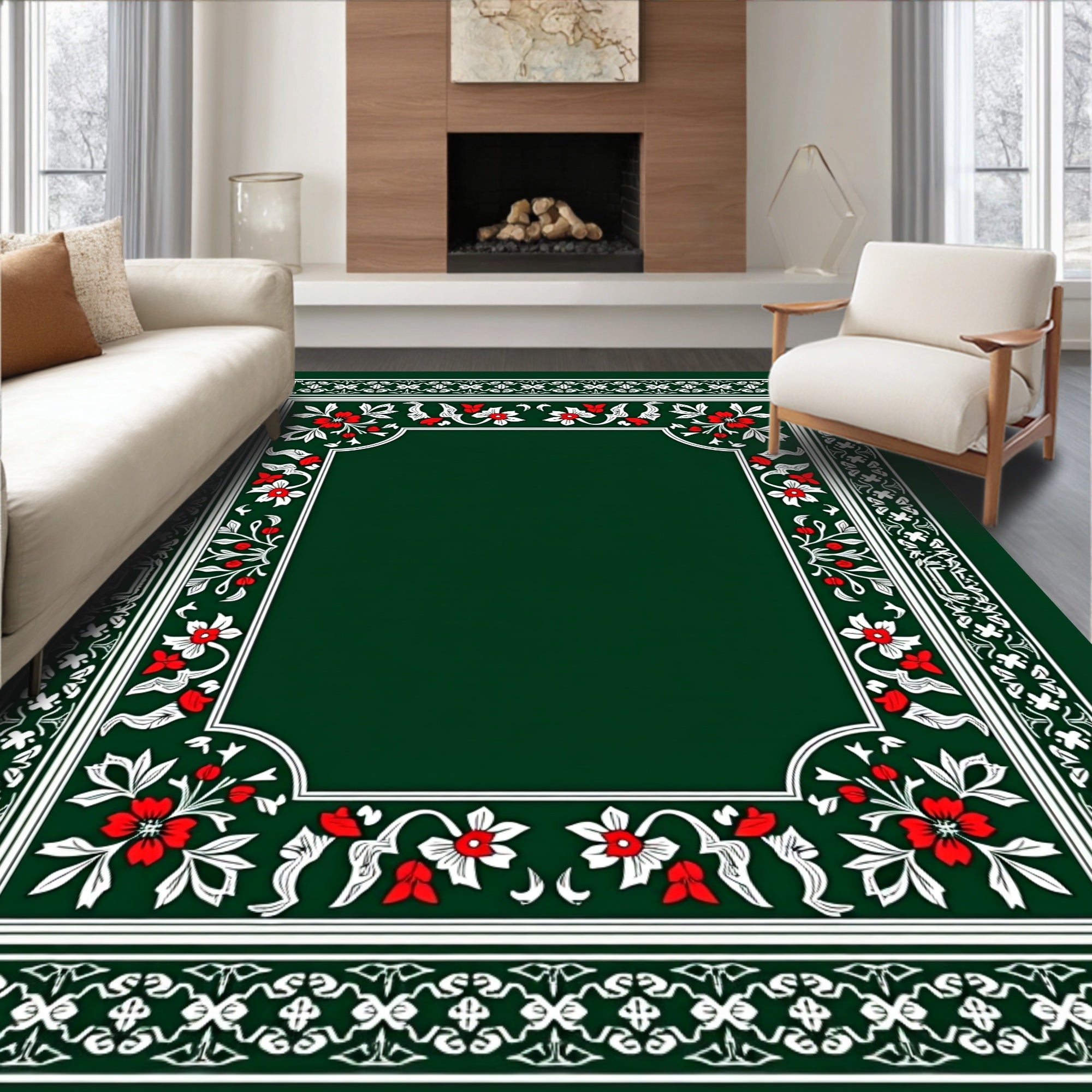 Ornate Crimson and White Floral Border Rug