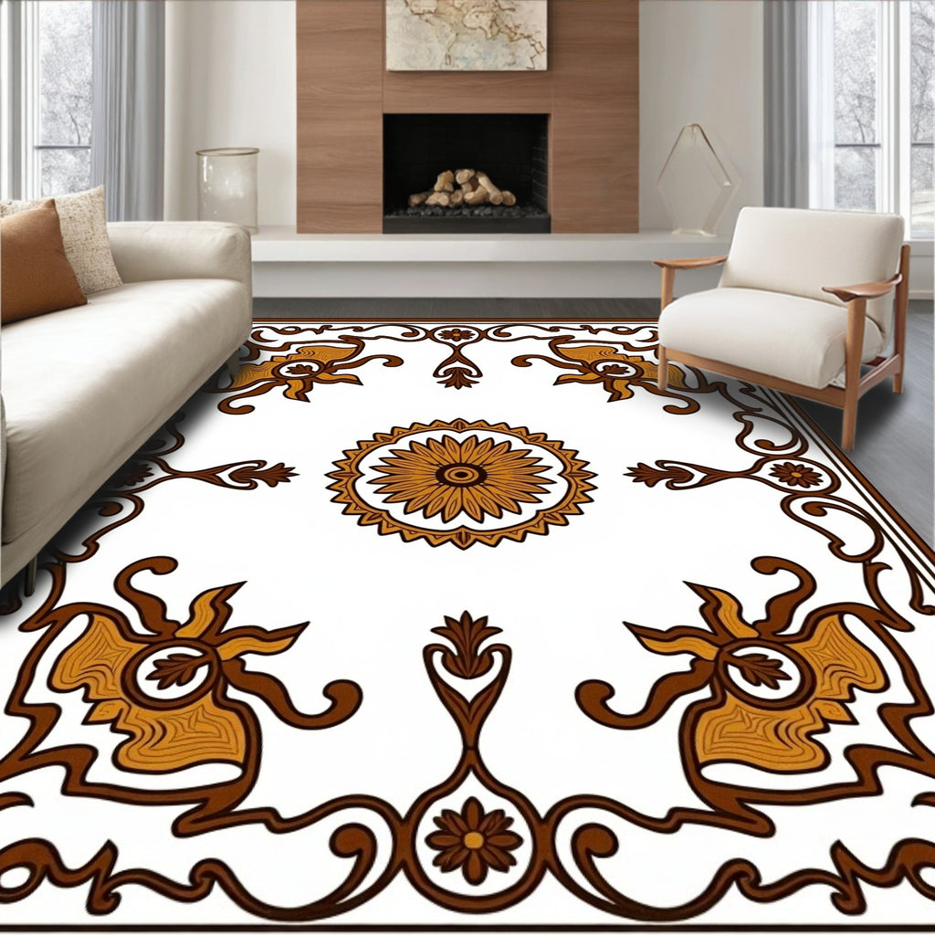 Brown Golden Floral Medallion Frame Rug
